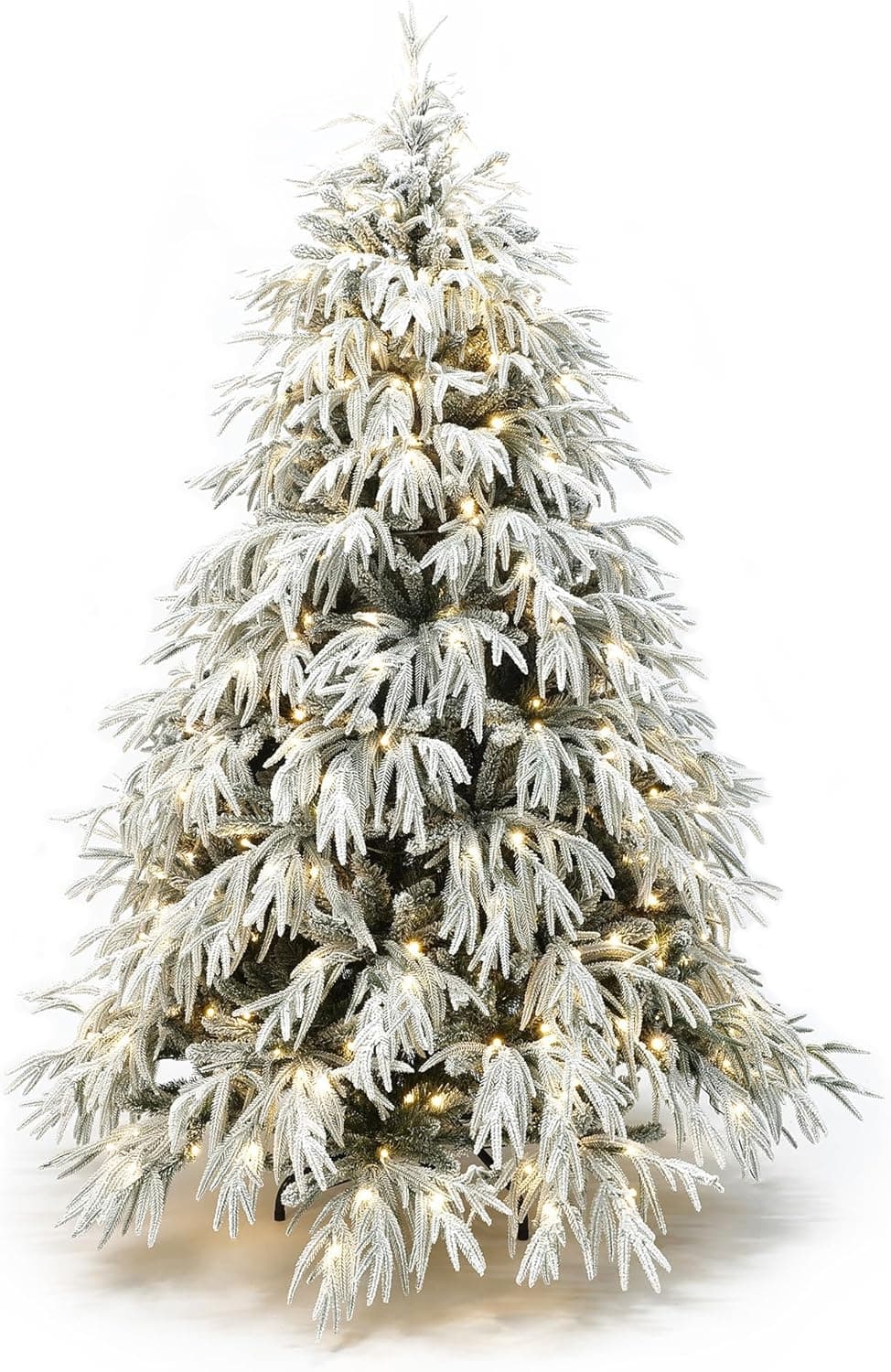 LuxenHome 6.5FT Flocked Artificial Christmas Tree, Spruce Prelit Christmas Trees Flocked with 450 Warm White LED Lights, Realistic Xmas Tree with 4000 PE+PVC Tips for Indoor and Outdoor Xmas Decor 6.5‘ Flocked Spruce - Image 9