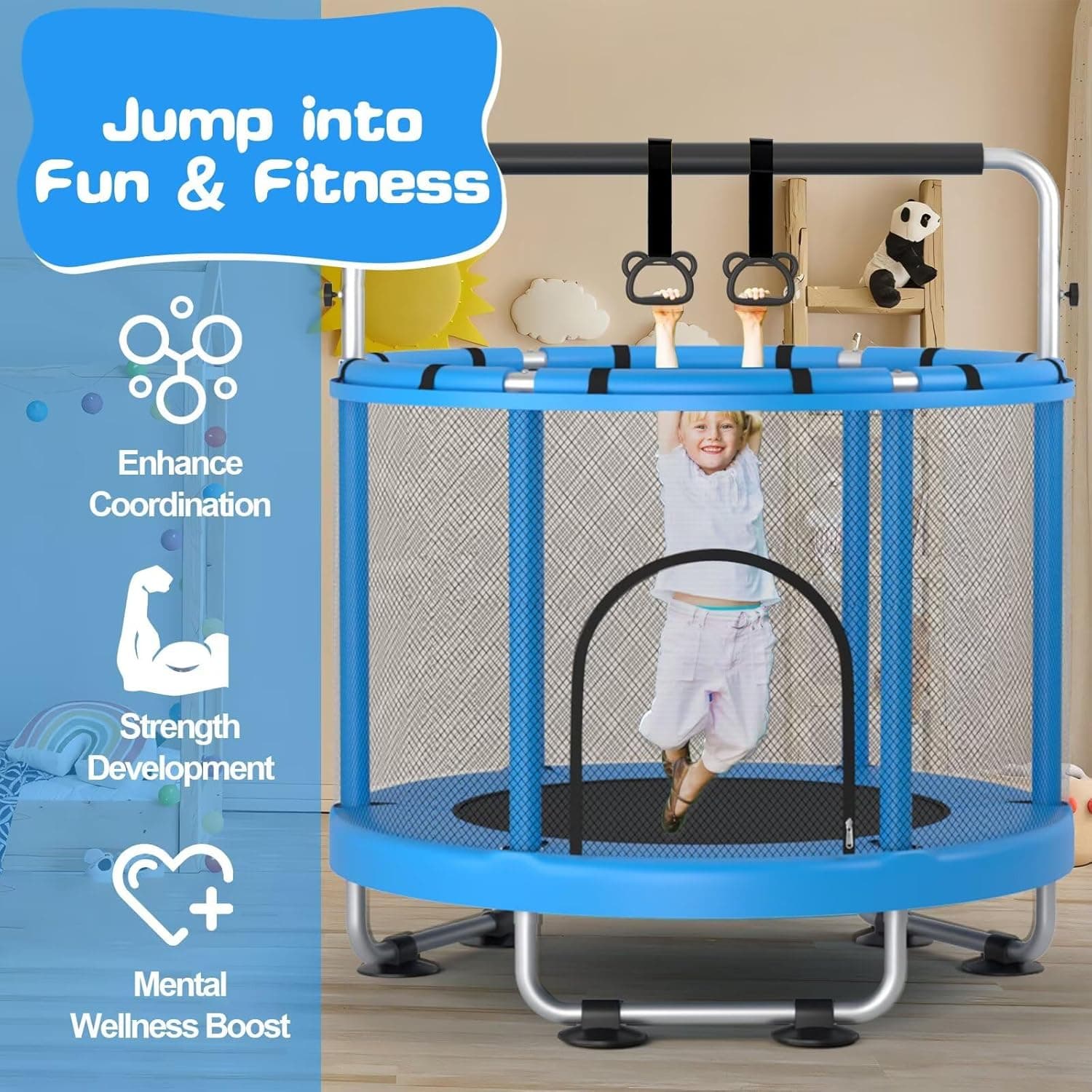 55" Trampoline for Kids with Enclosure, 440lbs Capacity Indoor & Outdoor Toddler Trampoline with Adjustable Gymnastics Bar & Toys, for Boys & Girls Blue - Image 4
