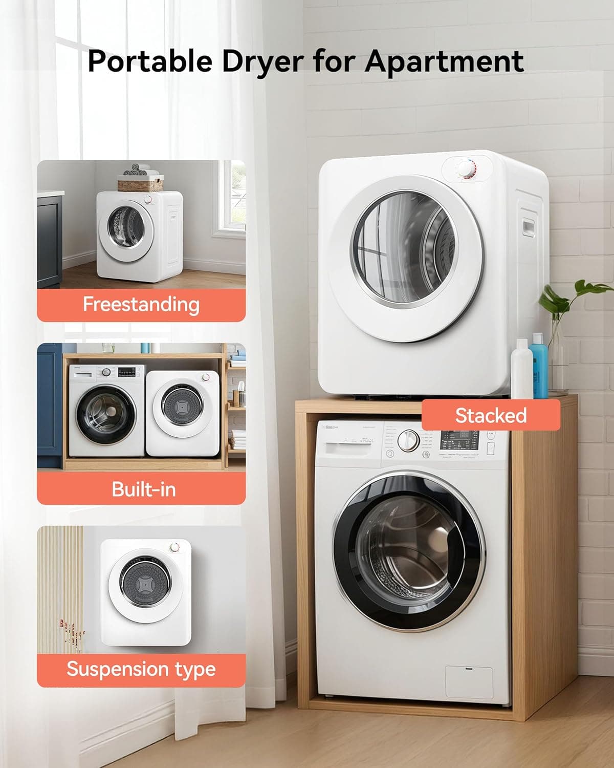 Euhomy Portable Clothes Dryer, 1.5 Cu.Ft. Portable Dryer, 850W Drying Machine with Front-Loading Stainless Steel Drum, 5 Functions, Suitable for Apartments, Dorms, RVs, Small Spaces 1.5 cu. ft. - Image 5