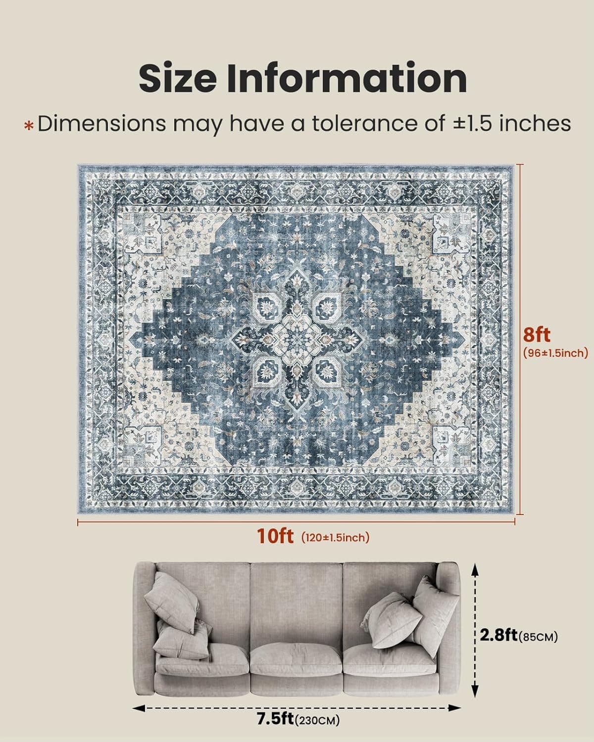 AMADA HOMEFURNISHING 8x10 Washable Area Rug, Low-Profile Large Area Rug with Non-Slip Backing & Durable Edge Binding, Vintage Large Rugs for Living Room, Bedroom, Dinning Room 8' x 10' (Rectangular) Blue - Image 3