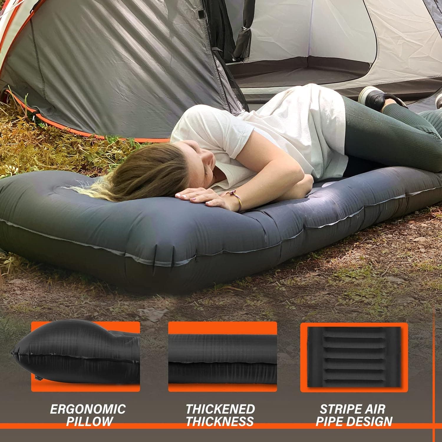 TOBTOS Inflatable Camping Sleeping Pad with Pillow, Thick 6 Inch Ultralight Sleeping Pad with Built-in Pump, Lightweight Sleeping Mat for Camping, Backpacking, Hiking, Tent (Grey) Single A-grey - Image 5