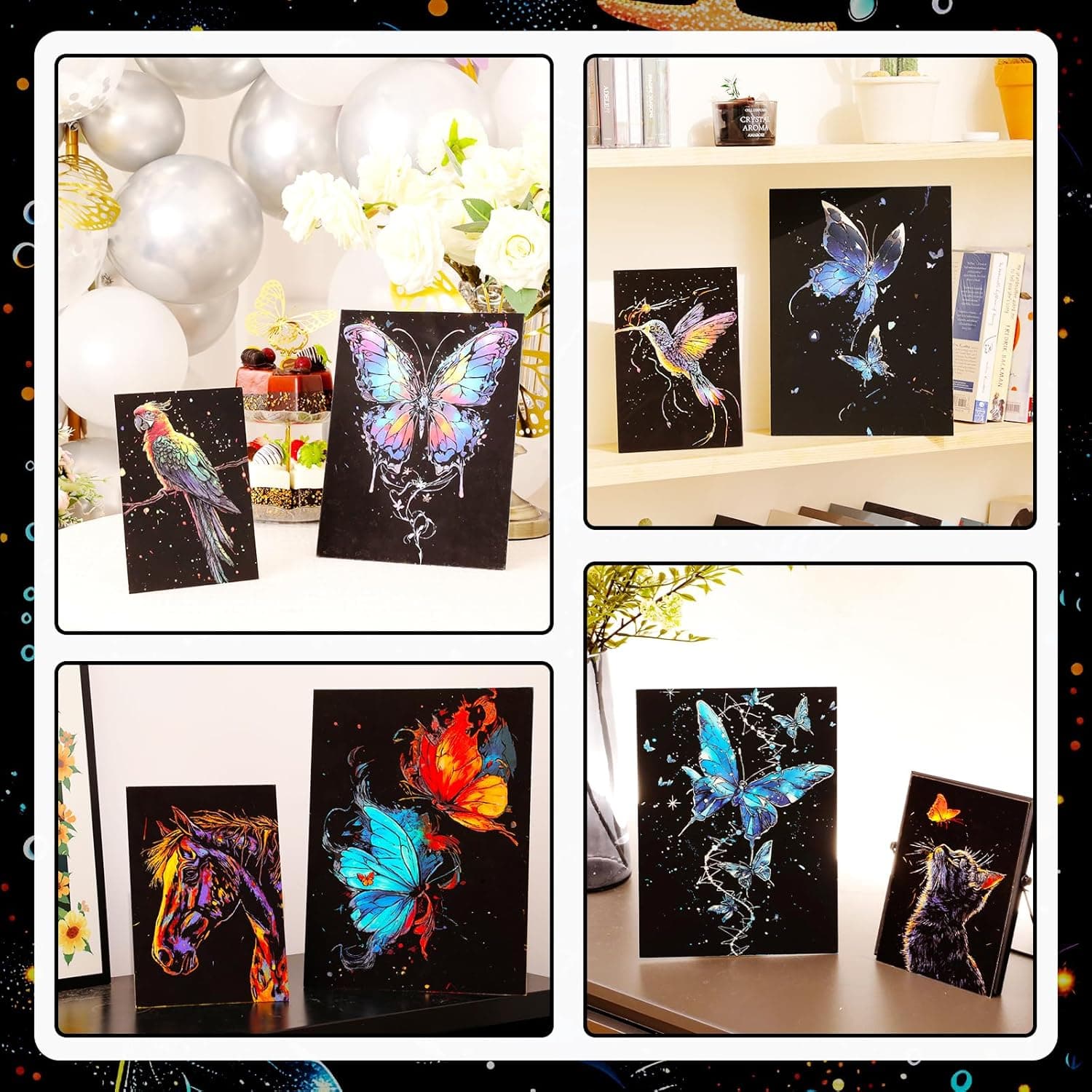 8 Pack Glow in The Dark Scratch Art for Adult Rainbow Painting Paper Sheet with Pen/Cleaning Brush Noctilucent Engraving Scratchboard for Adults Gift Craft for Gift, Stress Relief Animal - Image 8