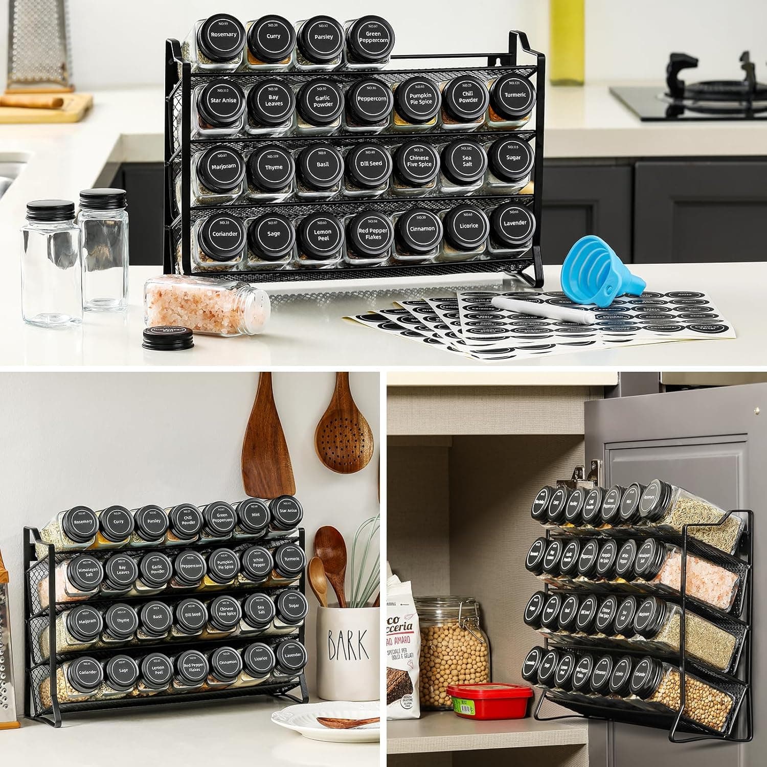 AOZITA Spice Rack Organizer for Cabinet, Spice Organizer with 28 Empty Spice Jars with Black Lids, Funnel, Spice Labels, Seasoning Organizer for Countertop, Cabinet, Kitchen, Pantry, Cupboard - Image 8