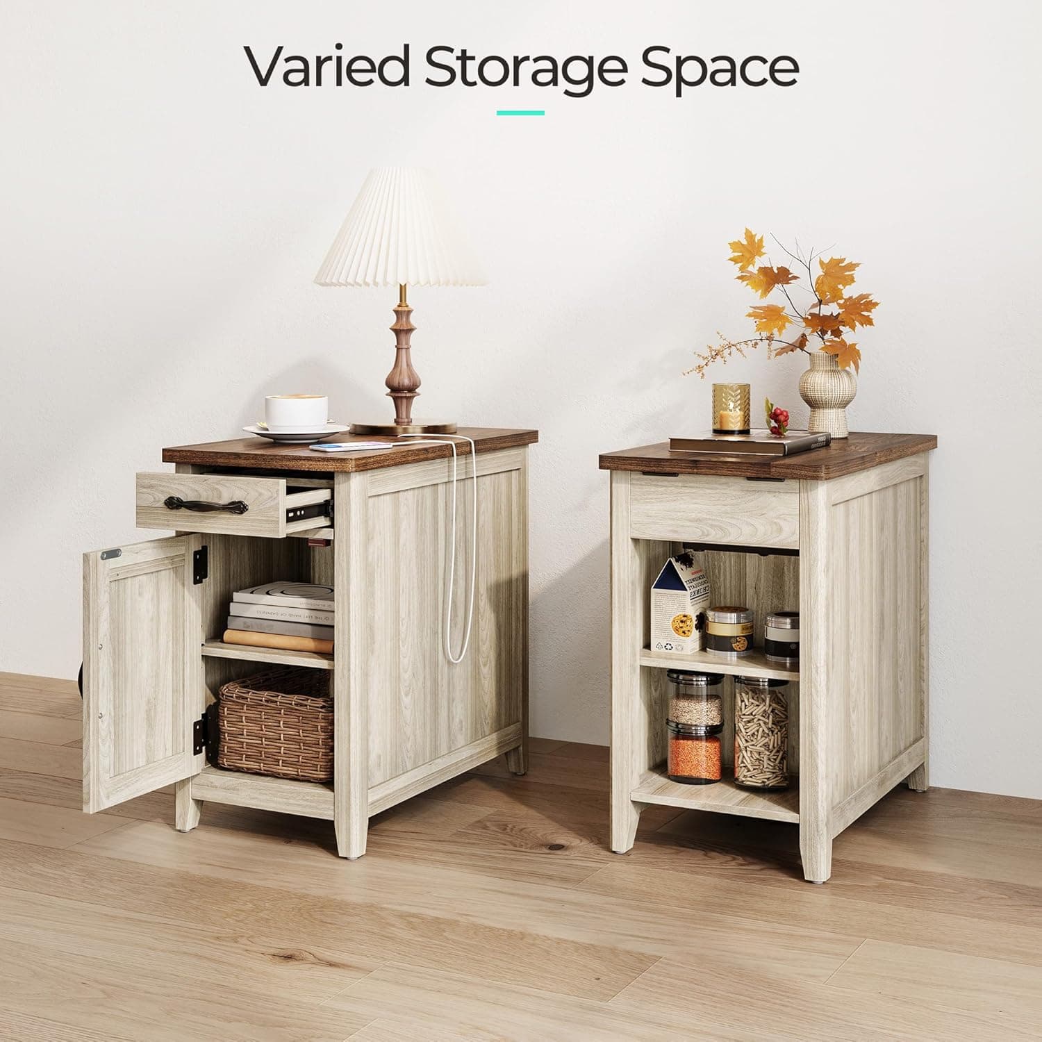 LINSY HOME Farmhouse End Table with Charging Station, Narrow Side Table for Living Room, Sofa Side Table with Drawer and Storage Cabinet, Small Nightstand for Home Office Wood Door Washed Grey and Brown 1 - Image 5