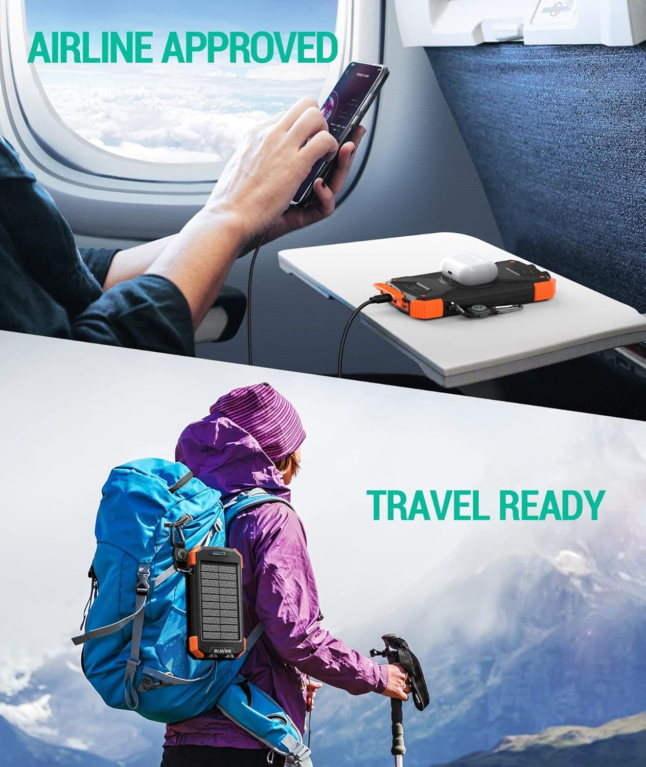 BLAVOR Solar Charger Power Bank 10,000mAh, Portable Wireless Charger, 20W Fast Charging External Battery Pack with USB C for Cell Phones, Solar Panel Charger with Dual Flashlight for Camping Orange - Image 9