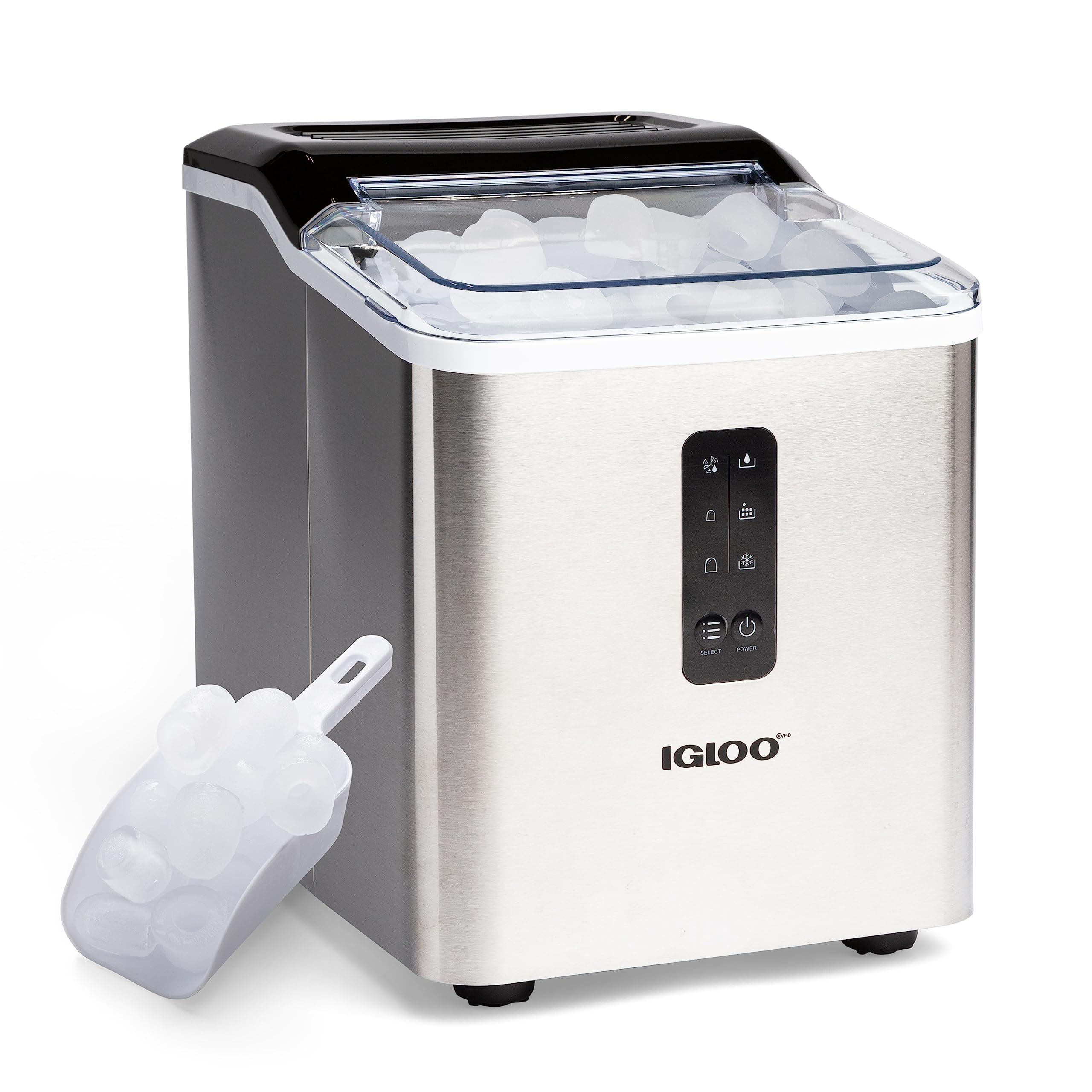 Igloo Automatic Ice Maker, Self-Cleaning, Countertop Size, 26 lbs in 24 Hours, 9 Large or Small Ice Cubes in 7 Minutes, LED Control Panel, Scoop Included, Great for Water Bottles, Stainless Steel Stainless Steel 26 Lb Pro