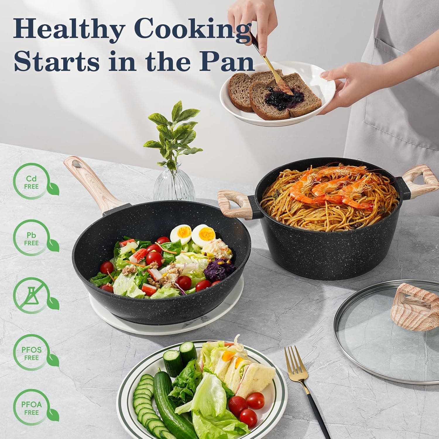 12 Pcs Pots and Pans Set, Nonstick Cookware Sets Black Granite Induction Cookware, Non-toxic Healthy Non Stick Kitchen Cooking Set with Frying Pans Set, Saucepans,Steamer (PFAS, PFOA, PFOS Free) Black 12 Pieces - Image 5