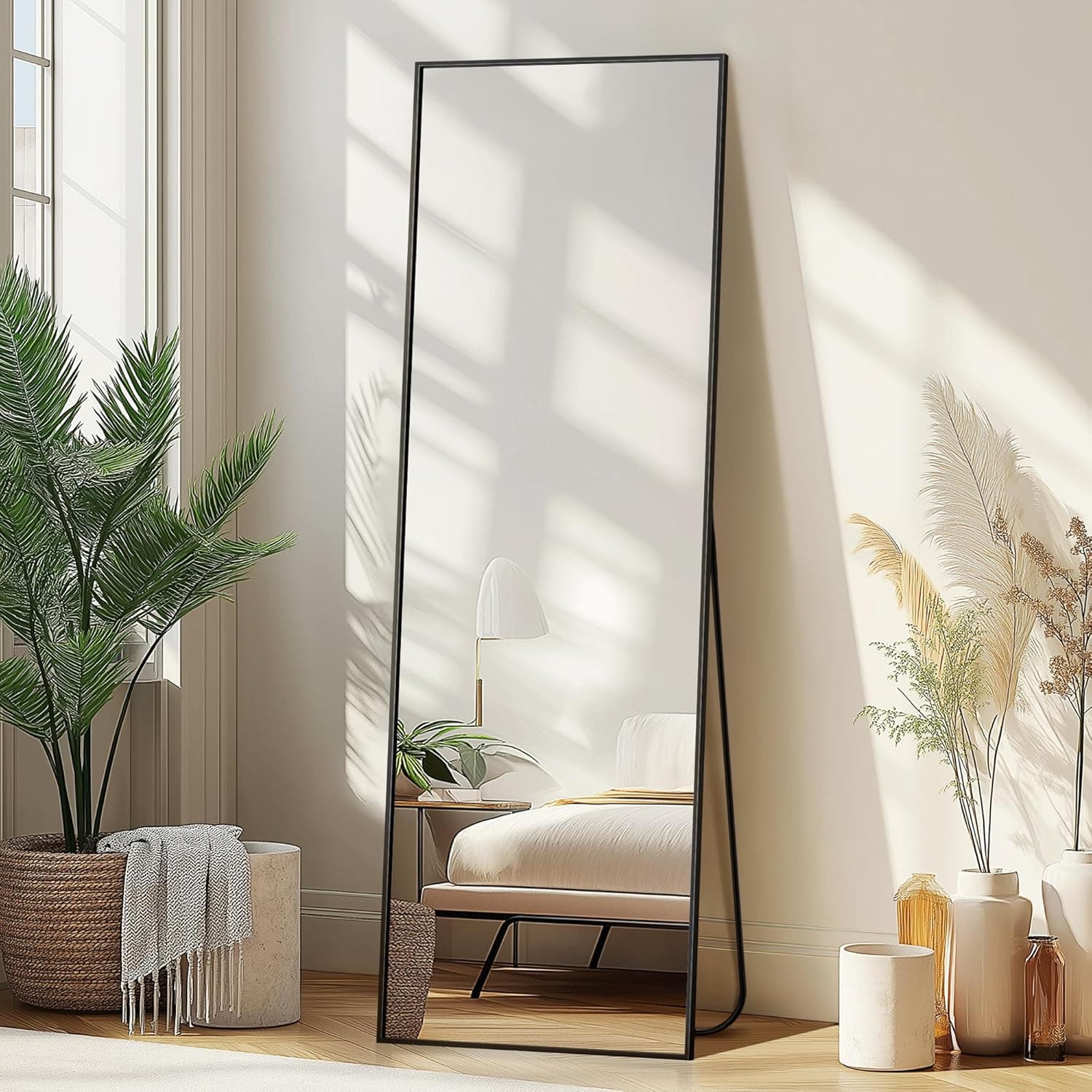 Delma Wall Full Length Mirror,Standing Mirror Full Body,Large Floor for Wall Door Bedroom Bathroom Living Room with Aluminium Frame(with Stand,56x15-Black) Rect Black 56"L x 15"W - Image 2