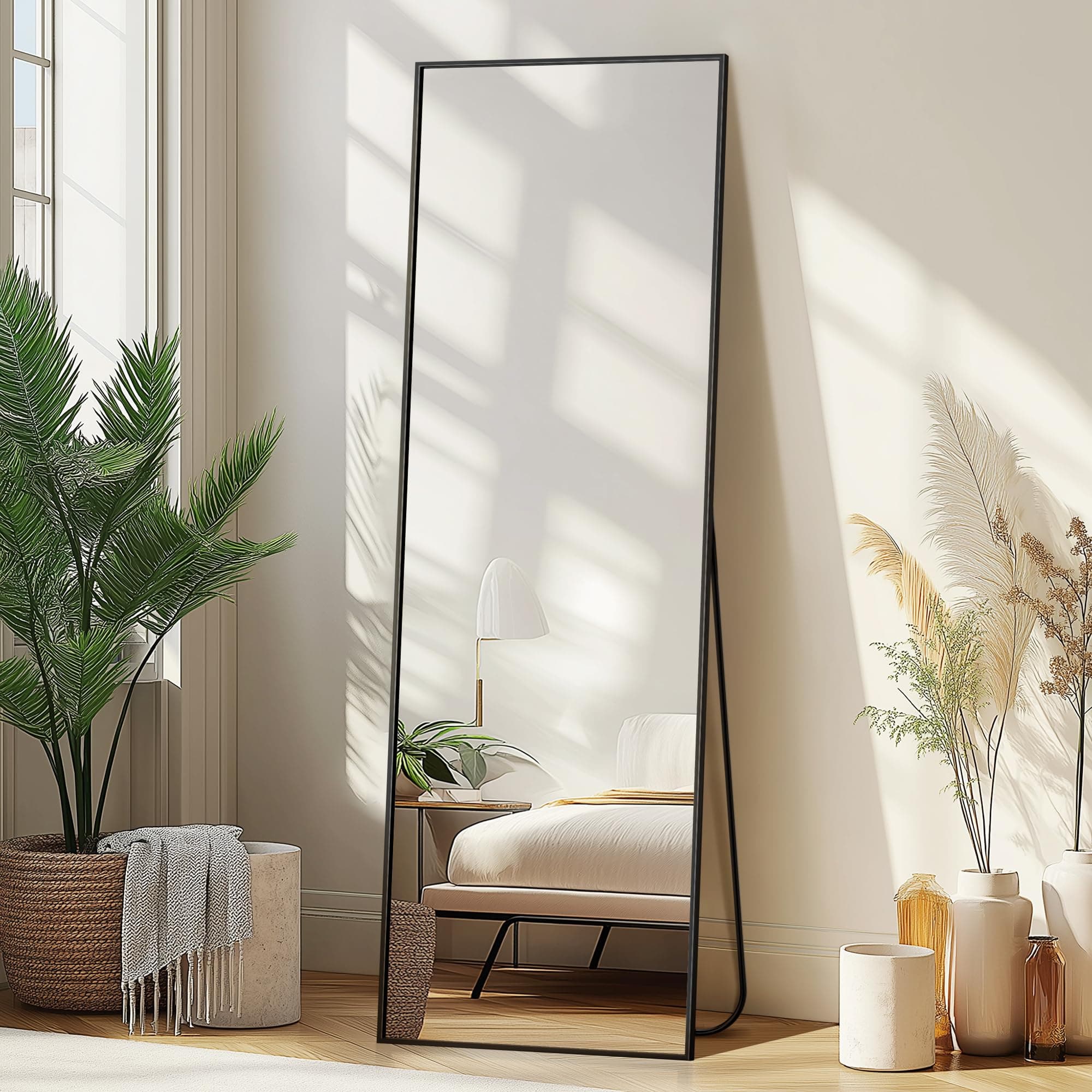 Delma Wall Full Length Mirror,Standing Mirror Full Body,Large Floor for Wall Door Bedroom Bathroom Living Room with Aluminium Frame(with Stand,56x15-Black) Rect Black 56"L x 15"W