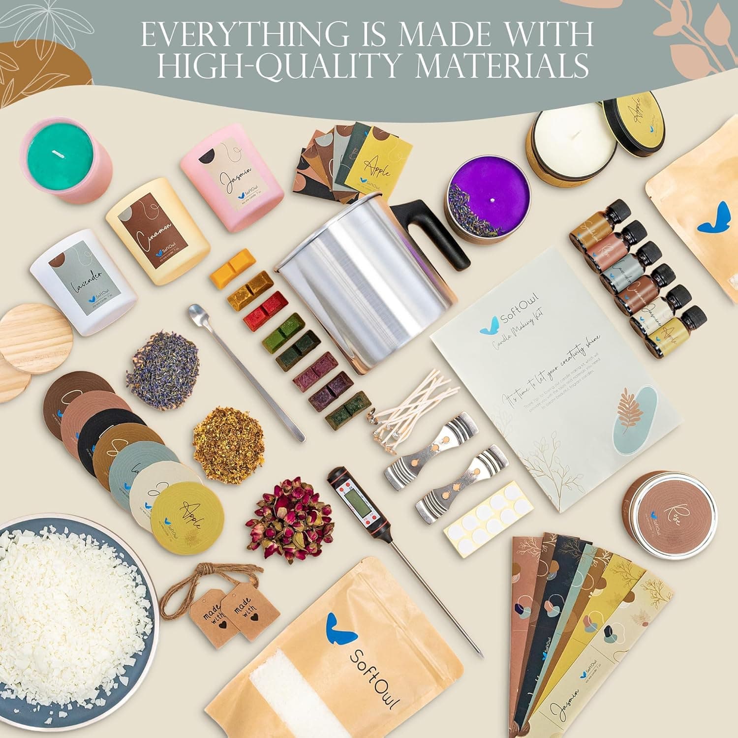 SoftOwl Premium Soy Candle Making Kit - Full Set - Soy Wax, Big 7oz Jars & Tins, 7 Pleasant Scents, Color Dyes & More - Perfect as Home Decorations - DIY Starter Scented Candles Making Kit - Image 6
