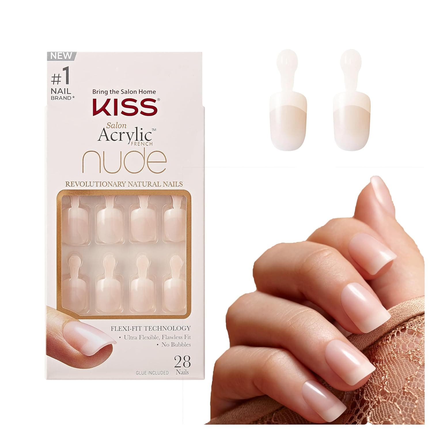 KISS Salon Acrylic Nude French Tip Press On Nails Short, ‘Breathtaking’, Beige, Squoval, Includes 28 Fake Nails, Nail Glue 2g, 1 Manicure Stick, 1 Mini File Breathtaking 28 Count (Pack of 1) - Image 2