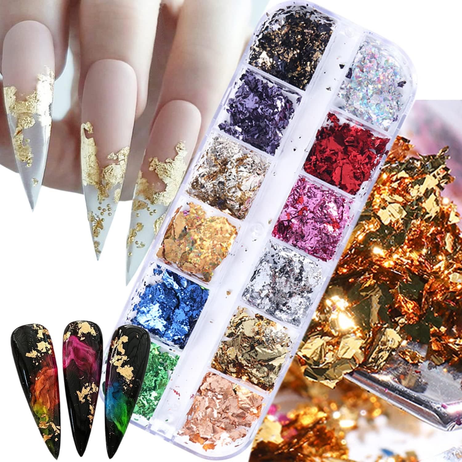 Holographic Nail Glitter Foils, 12 Colors Sparkly Ultra-Thin Aluminum Foil Nail Art Flakes Design, Laser Nail Sequins Acrylic Supplies for Women Girls Manicure Charms Decorations, DIY 3D Nail Art Tips - Image 2