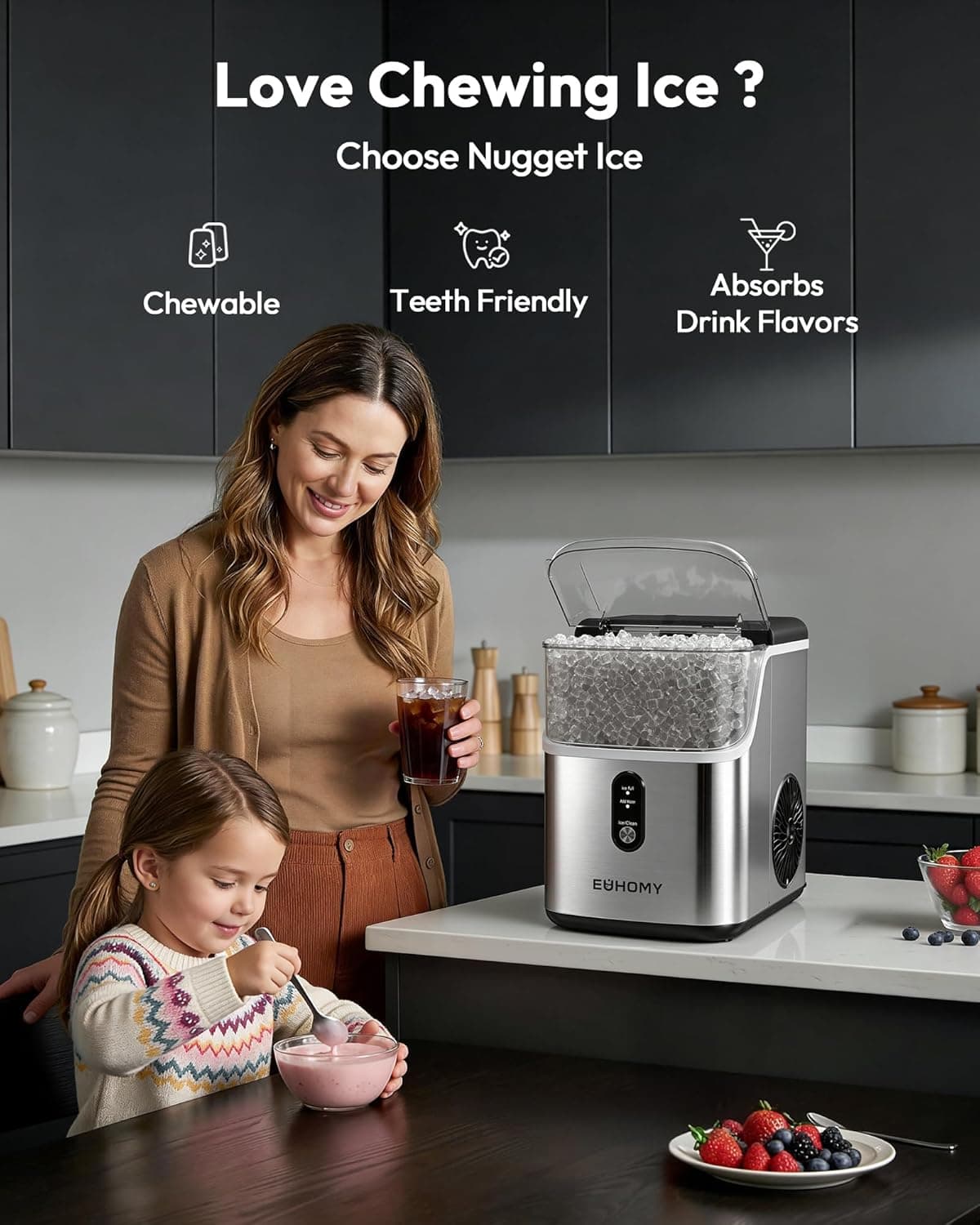 EUHOMY Nugget Ice Maker Countertop, Ready in 7 Mins, 34Lbs/24H Pebble Ice Maker Machine, Self-Cleaning Countertop Sonic Ice Makers with Ice Scoop&Basket, Pellet Ice Maker for Home, Stainless Steel Stainless Steel 34LBS/Day - Image 4