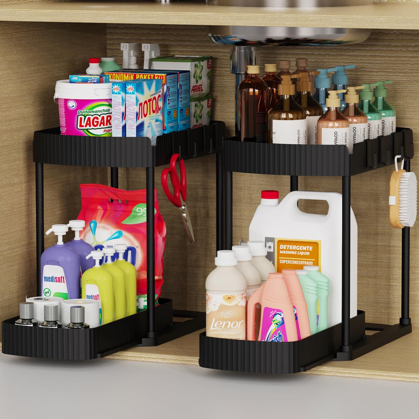 Organizadores de Almacenamiento Extraíbles Multiusos, Organizadores y Almacenamiento para Debajo del Fregadero/Armarios para Baño y Cocina, Negro, 12.8 Pulgadas, 2 Paquetes Negro 12.8 Pulgadas