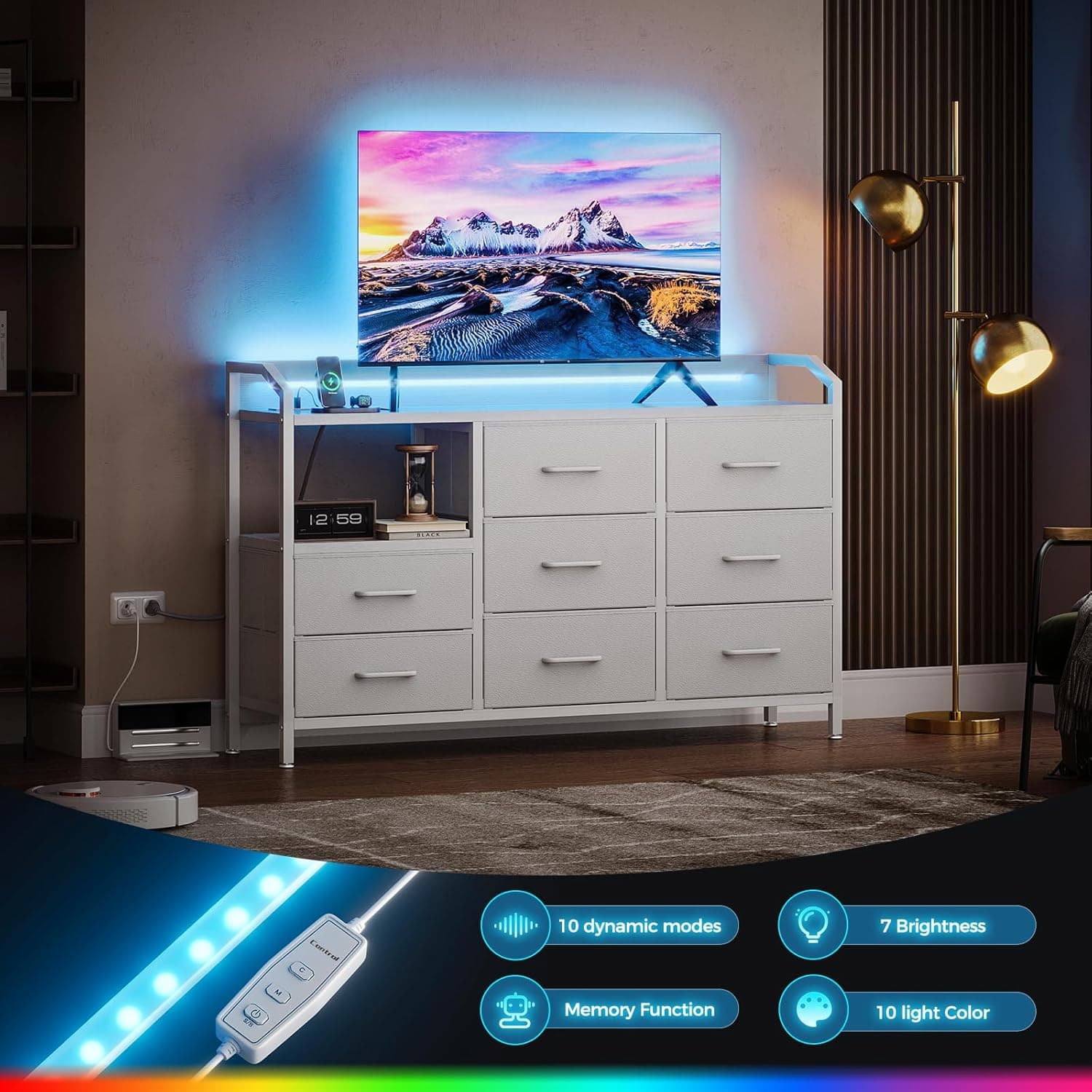 KKL White Dresser for Bedroom with Light Strip & Power Outlet — 8 Drawers Dressers & Chest of Drawers with Shelf, Wood Top, Metal Frame, Wide Dressers for Girls Bedroom, Living Room, Hallway, Closet - Image 7