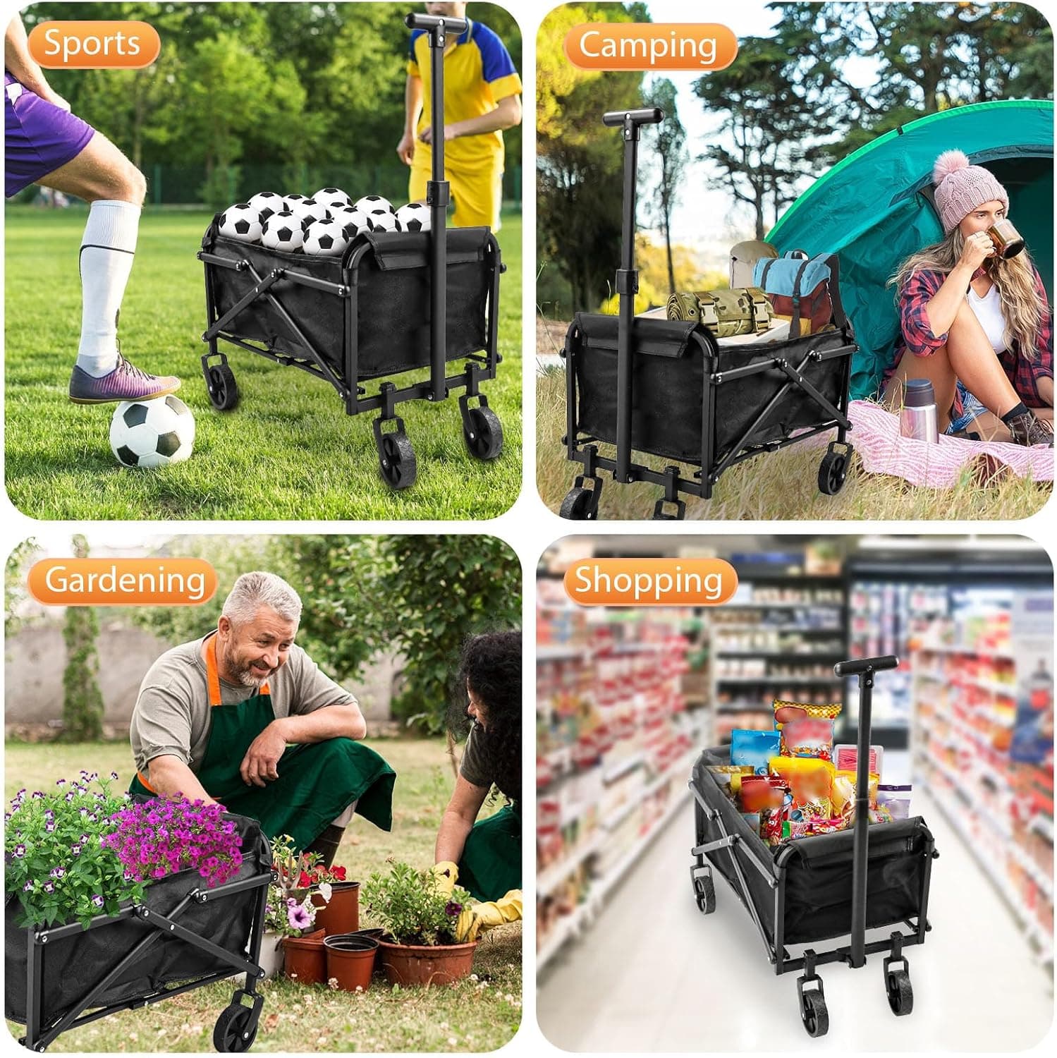 Collapsible Wagon Cart Foldable 220lbs Capacity,Lightweight Portable Beach Wagon, Shopping Carts with Wheels for Grocery,5" Removable Wheels & Adjustable Camping, Shopping, Beach, Fishing, Garden Cart - Image 5