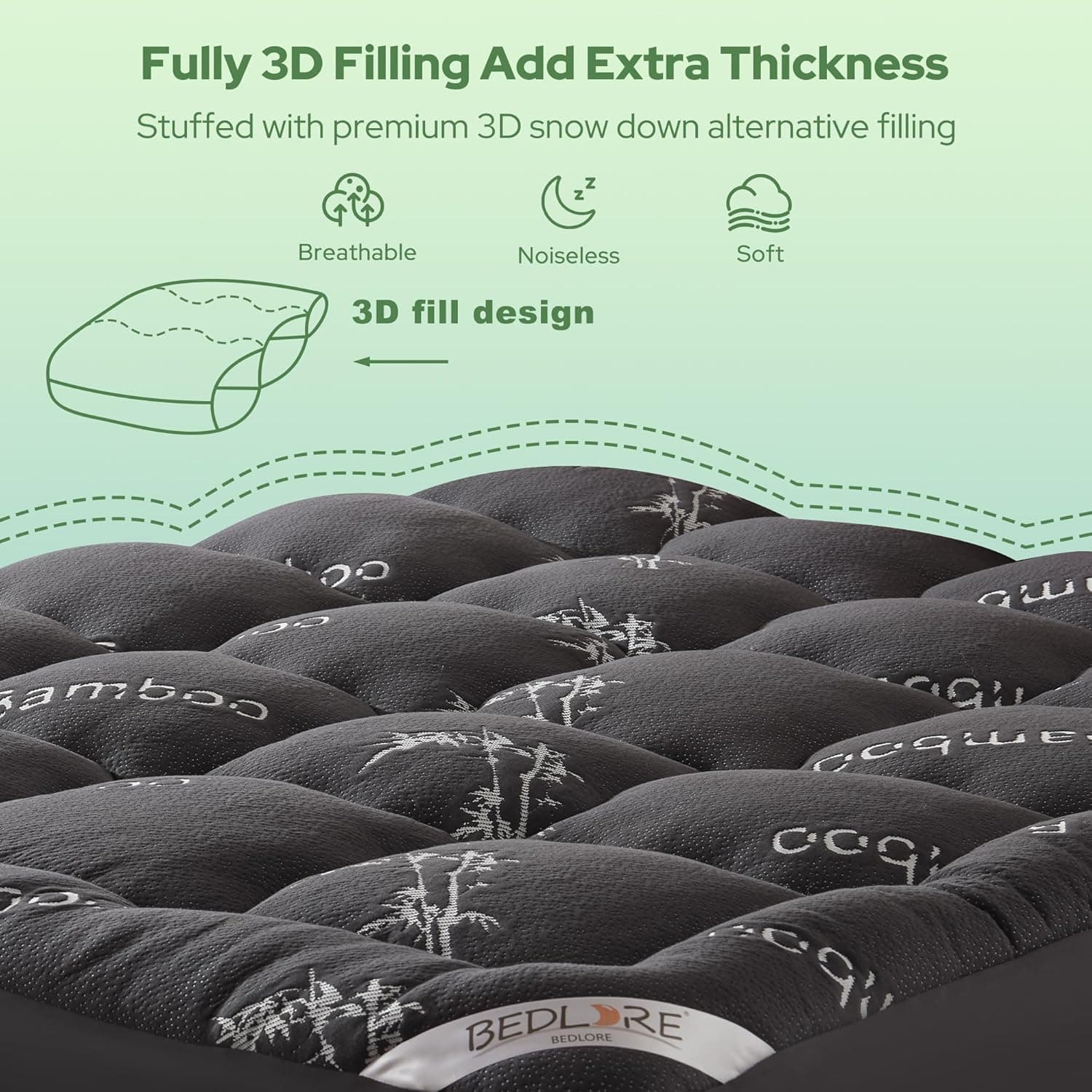 BEDLORE King Mattress Topper Viscose Derived from Bamboo, Thick Pillow Top Mattress Pad with Stretchable Pockets for 6"-18" Mattress, Soft Breathable Mattress Topper for Back Pain Relief(Dark Gray) 2 Dark Gray King - Image 6