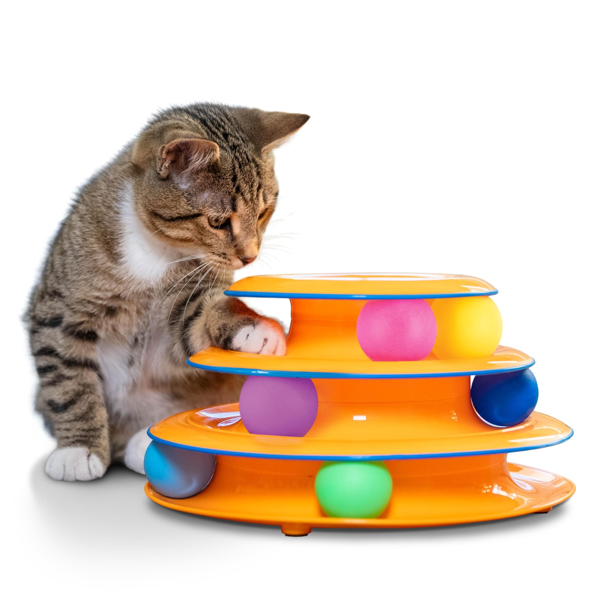 Catstages Torre de Pistas Juguete para Gatos de 3 Niveles con 6 Pelotas, Juguete Interactivo para Gatos de Interior, Naranja