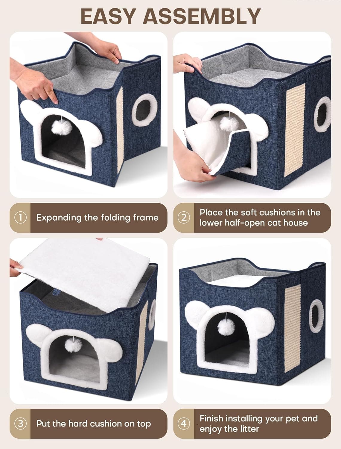 Cat Houses for Indoor Cats, Large Cat Cave with Fluffy Ball and Scratch Pad, Covered Cat Bed House, Foldable Cat Hideaway Deepblue - Image 4