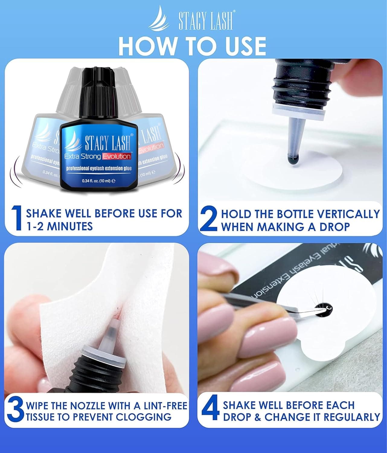 Extra Strong Evolution Eyelash Extension Glue Stacy Lash (0.34 fl.oz/10 ml)/1-2 Sec Dry/Retention – 8 Weeks/Professional Supplies/Black Adhesive 0.34 Fl Oz - Image 9