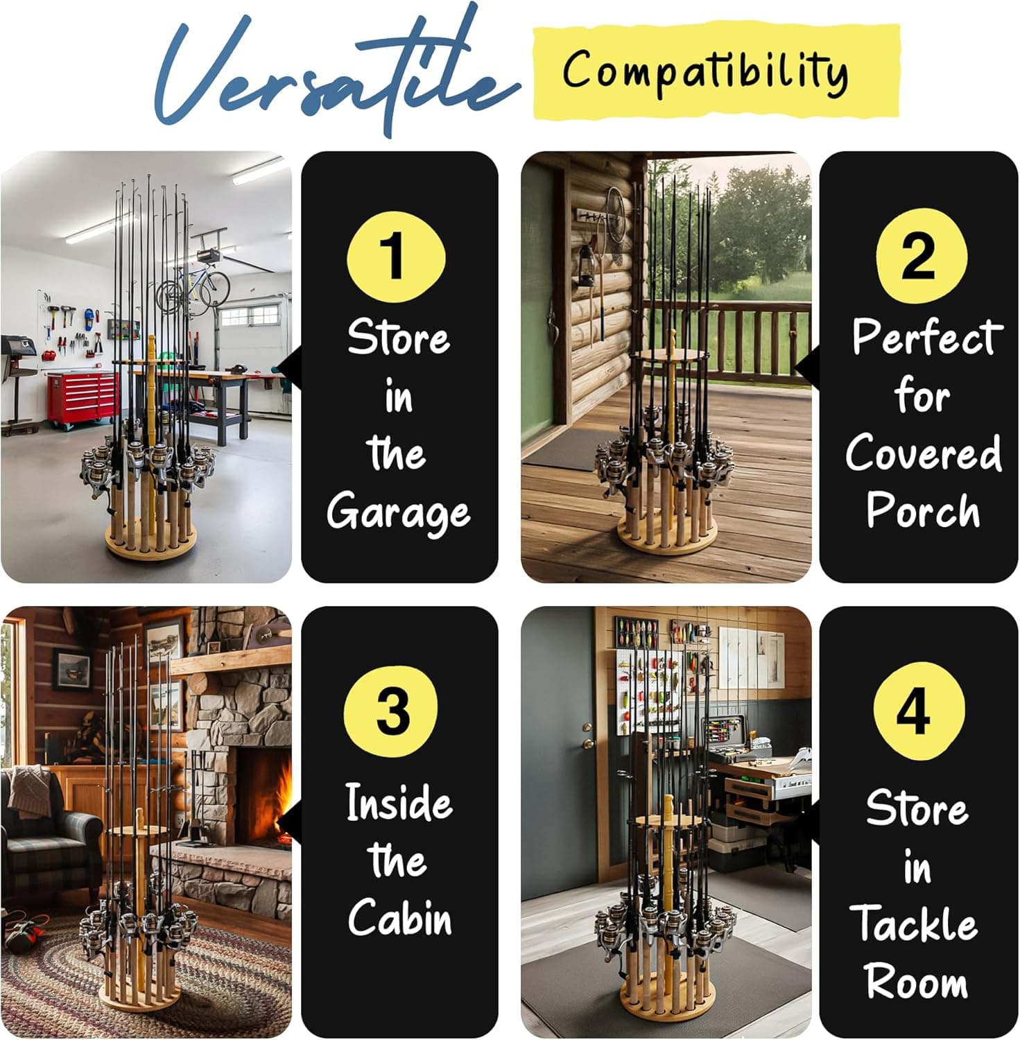 Rush Creek Creations Round 16 Fishing Rod Storage Rack - Features Traditional Handcrafted Wood Post - No Tool Assembly, Wood Grain Laminate Light Wood Grain 16-Rod - Image 9