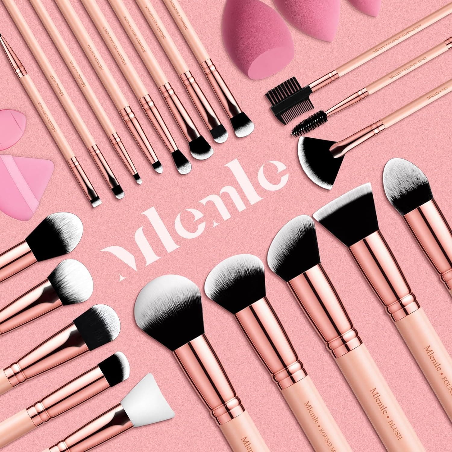 Makeup Brushes Set, Mlemle Professional 26 Pcs Makeup Kit, Include Powder Foundation Concealers Blush Eye shadows 21 Pcs Makeup Brushes and 2 Powder Puff, 3 Makeup Sponge(A01-Pink) - Image 8