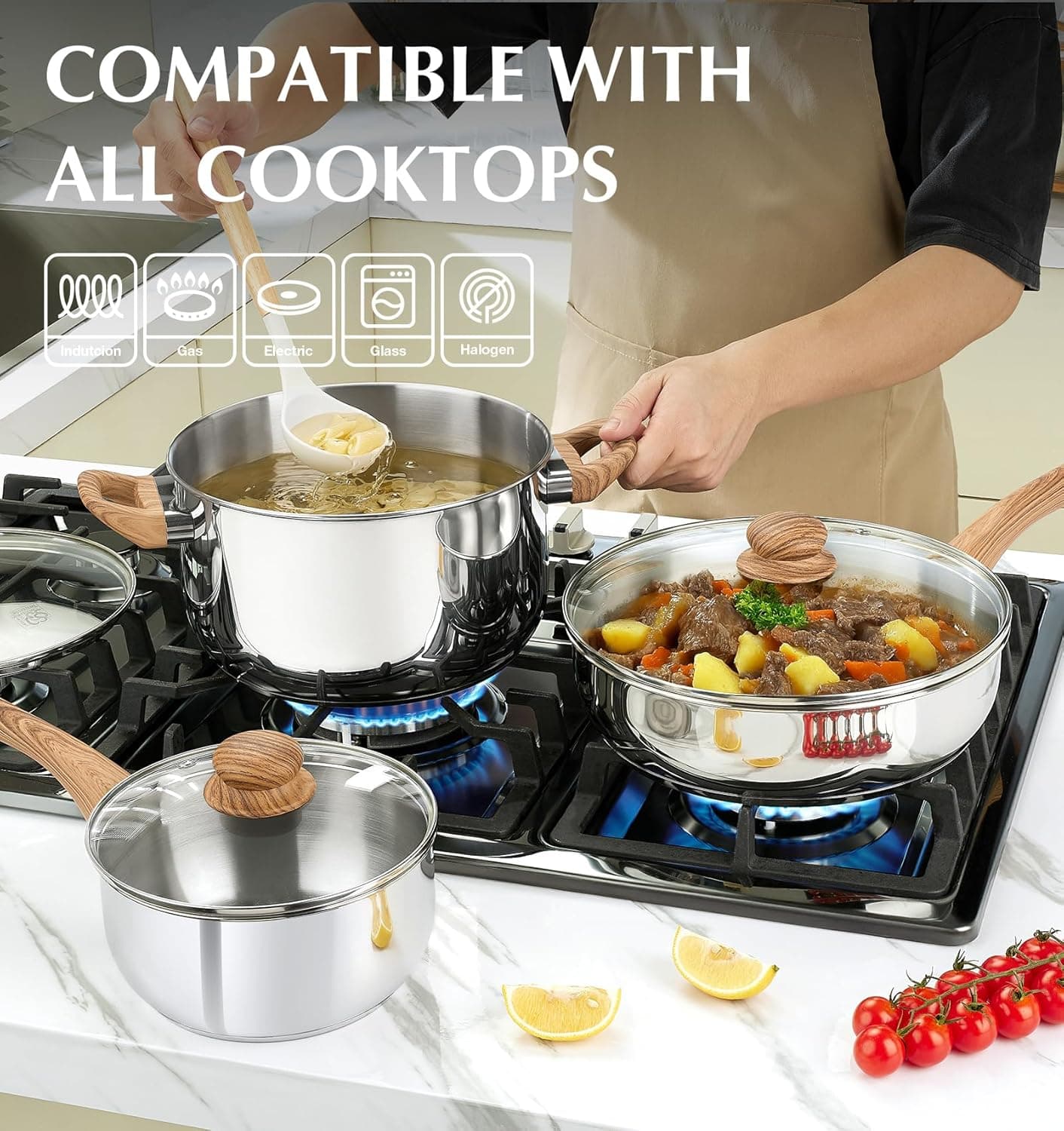 KOCH SYSTEME CS Stainless Steel Coowkare Set 10PCS, Professional 18/10 Stainless Steel Pots and Pans Set with Cool-Touch Handles, Tri-ply Base, Kitchen Cookware Sets, Cooking Set Induction Compatible 10 Pcs - Image 4