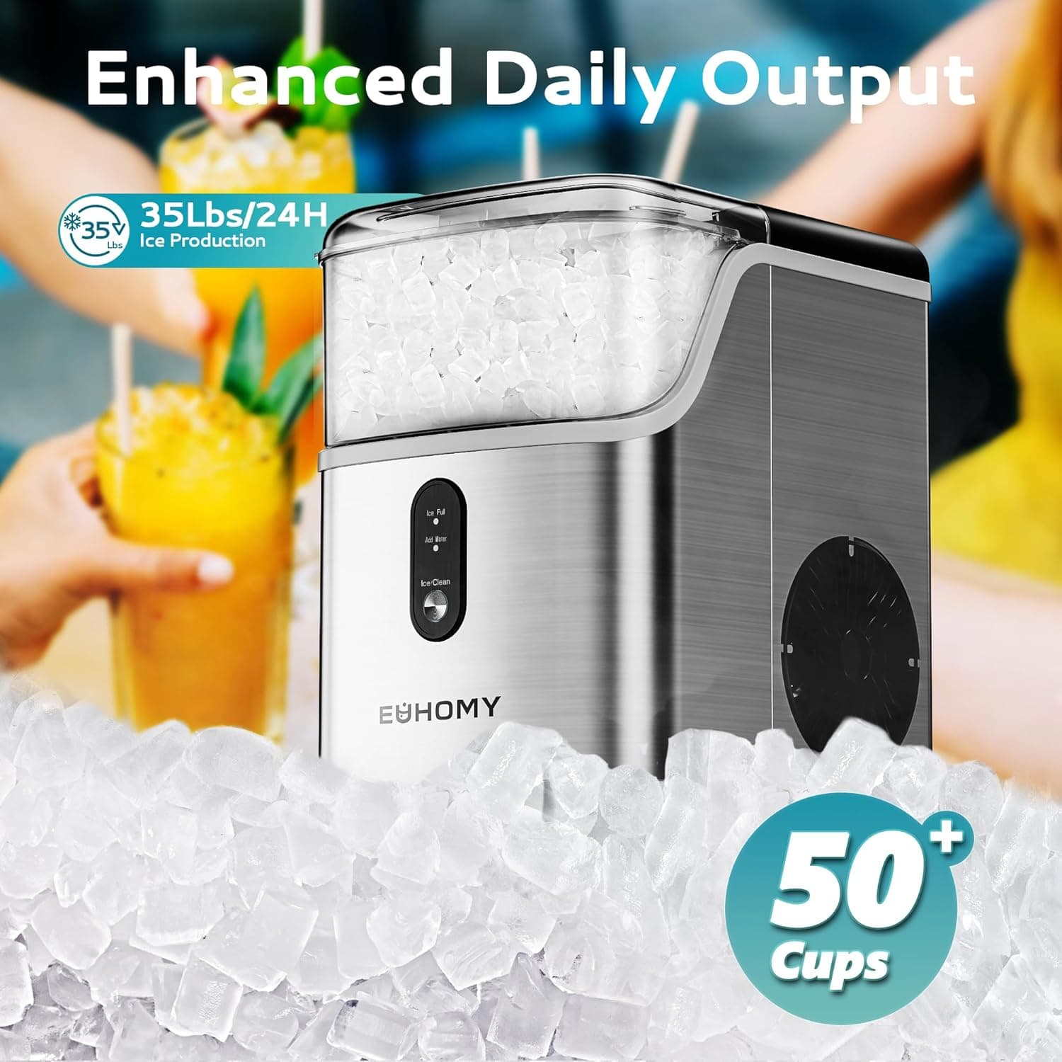 EUHOMY Nugget Ice Makers Countertop, Pebble Ice Maker Machine with 35lbs/24H Soft Ice, Self-Cleaning Sonic Ice Maker with Ice Scoop&Basket, Pellet Ice Maker for Home/Kitchen/Office(Stainless Steels) Ice Machine 35LBS/Day Silver - Image 4