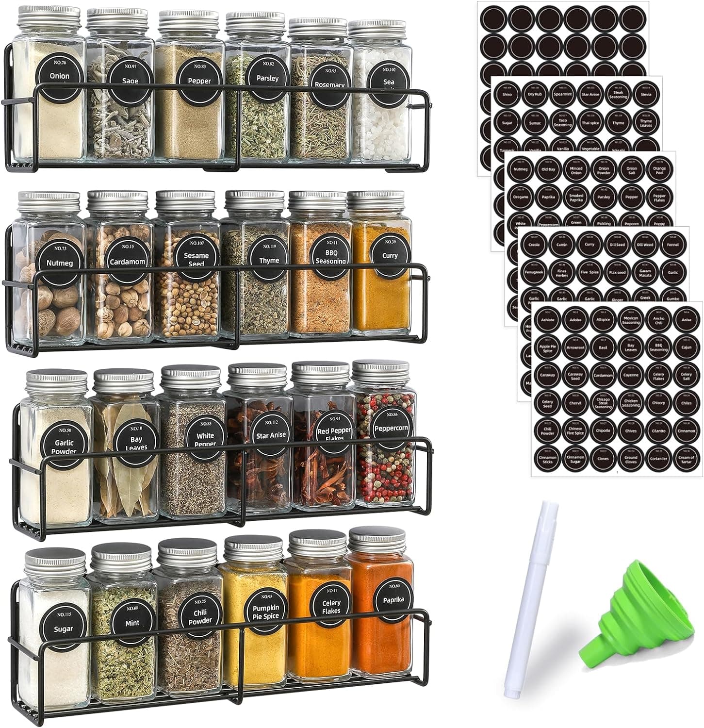 VITEVER Magnetic Spice Rack, 4 Pack, 24 Square Glass Jars with Lids, Quick-Find Pre-Printed Labels, Funnel, Space Saver, Refrigerator and Microwave Oven Organizer - Image 8