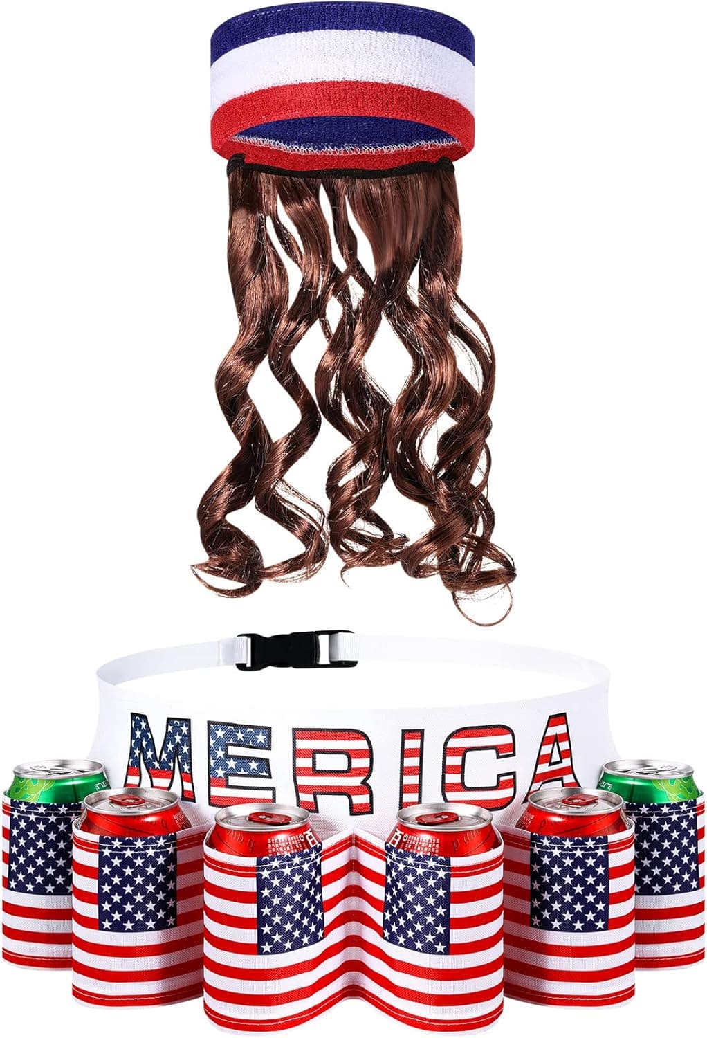 2 Pcs Halloween Costume America Beverage Beer Belt Holder and Mullet Wigs Headband 4th of July Patriotic USA Flag Beer Gift for Men Christmas - Image 2