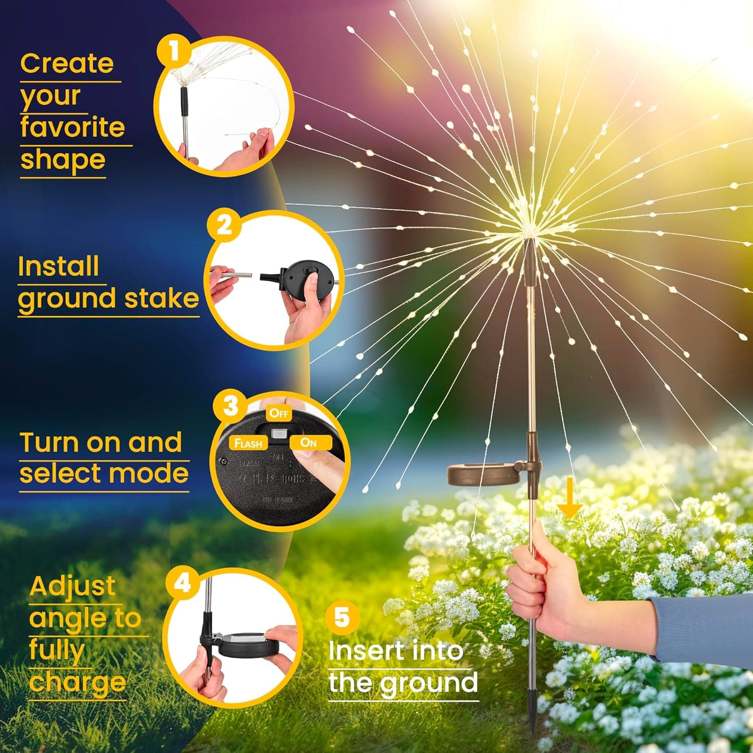 GIGALUMI Garden Decor Outdoor Lights 120LED 2Pack, Solar Garden Lights for Christmas Outside Fairy Firework Decorative,Solar Powered for Yard Pathway Flowerbed Planter Balcony Patio Decor (Warm White 2 PACK 120 LEDS Warm White - Image 5