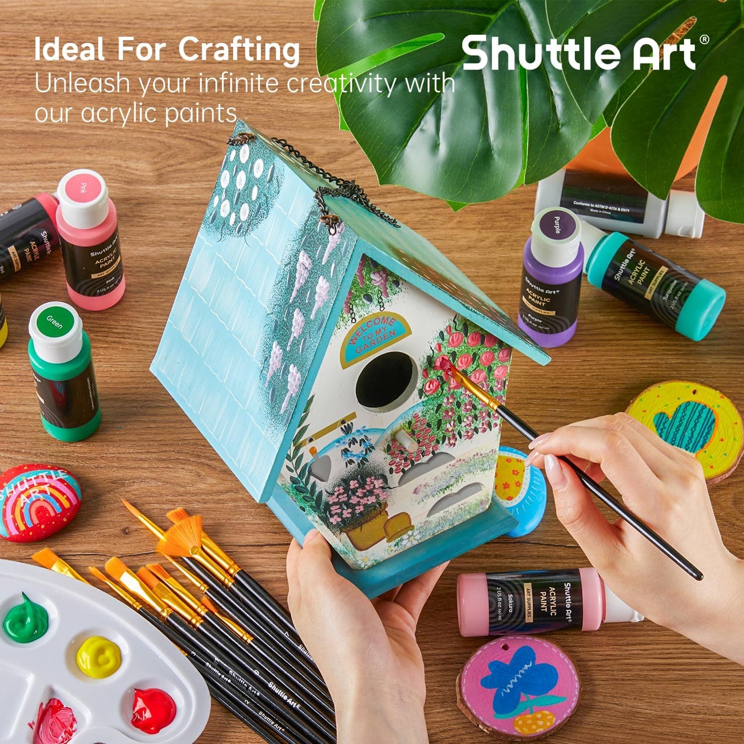 Shuttle Art Acrylic Paint Set, 36 Colors Acrylic Paint with Brushes & Palette, 2oz/60ml Bottles, Rich Pigments Non-toxic for Artists Kids & Adults, Painting on Canvas Rock Ceramic Wood Regular 2 Fl Oz (Pack of 36) - Image 7