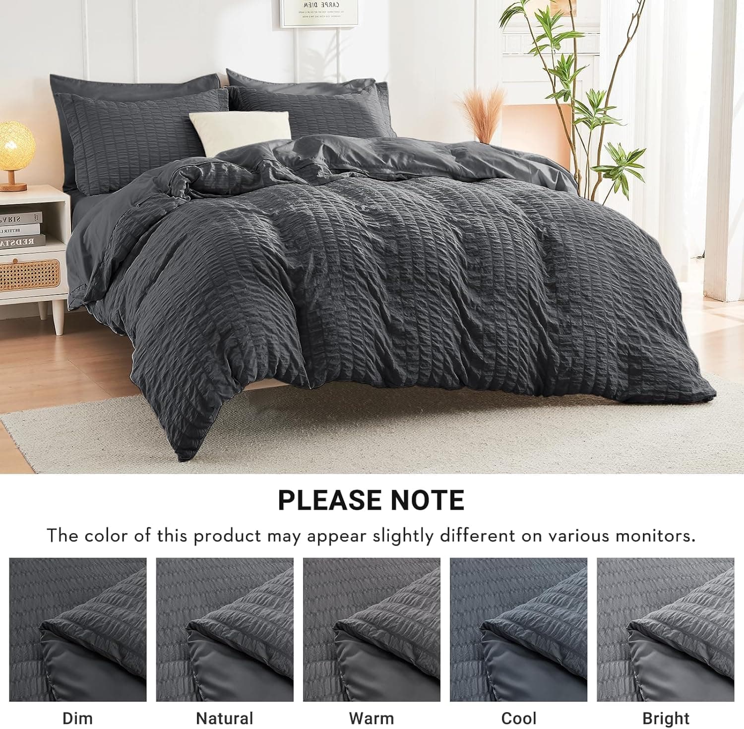 HYMOKEGE Queen Comforter Set Seersucker 7 Pieces, All Season Luxury Bed in a Bag for Bedroom, Bedding Set with Comforters, Sheets, Pillowcases & Shams, Dark Grey Queen(88"x 88") Dark Grey - Image 8