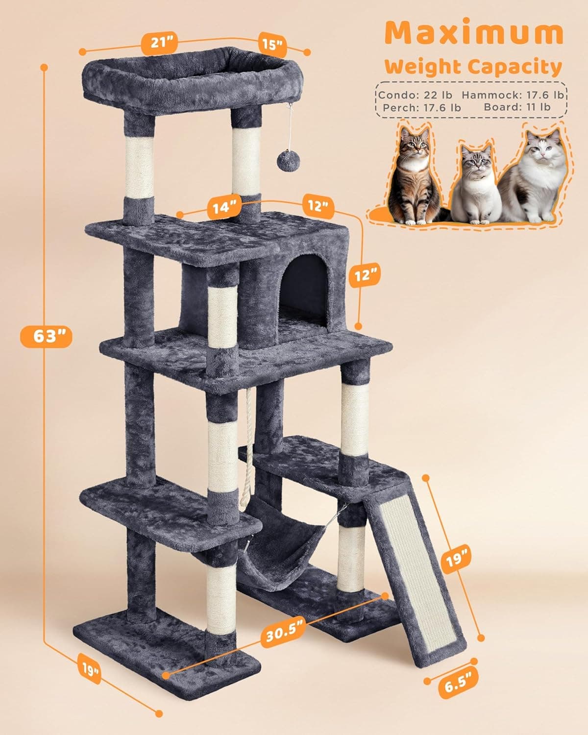 Yaheetech Large Multi-Level Cat Tree, 63 Inches Tall with Sisal-Covered Scratching Posts, Condo, Hammock, Dangling Ball, and Extended Platform for Cats to Play and Sleep Dark Gray 63in - Image 5
