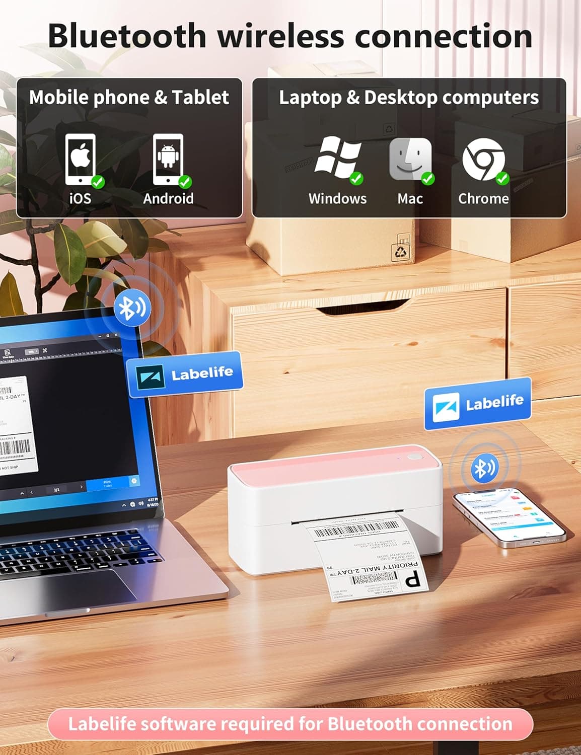 Phomemo Bluetooth Thermal Label Printer, 241BT 4X6 Wireless Shipping Labels Printer for Small Business, Pink Label Printers for Shipping Package, Compatible with iPhone, Android, Amazon, Shopify, USPS - Image 3