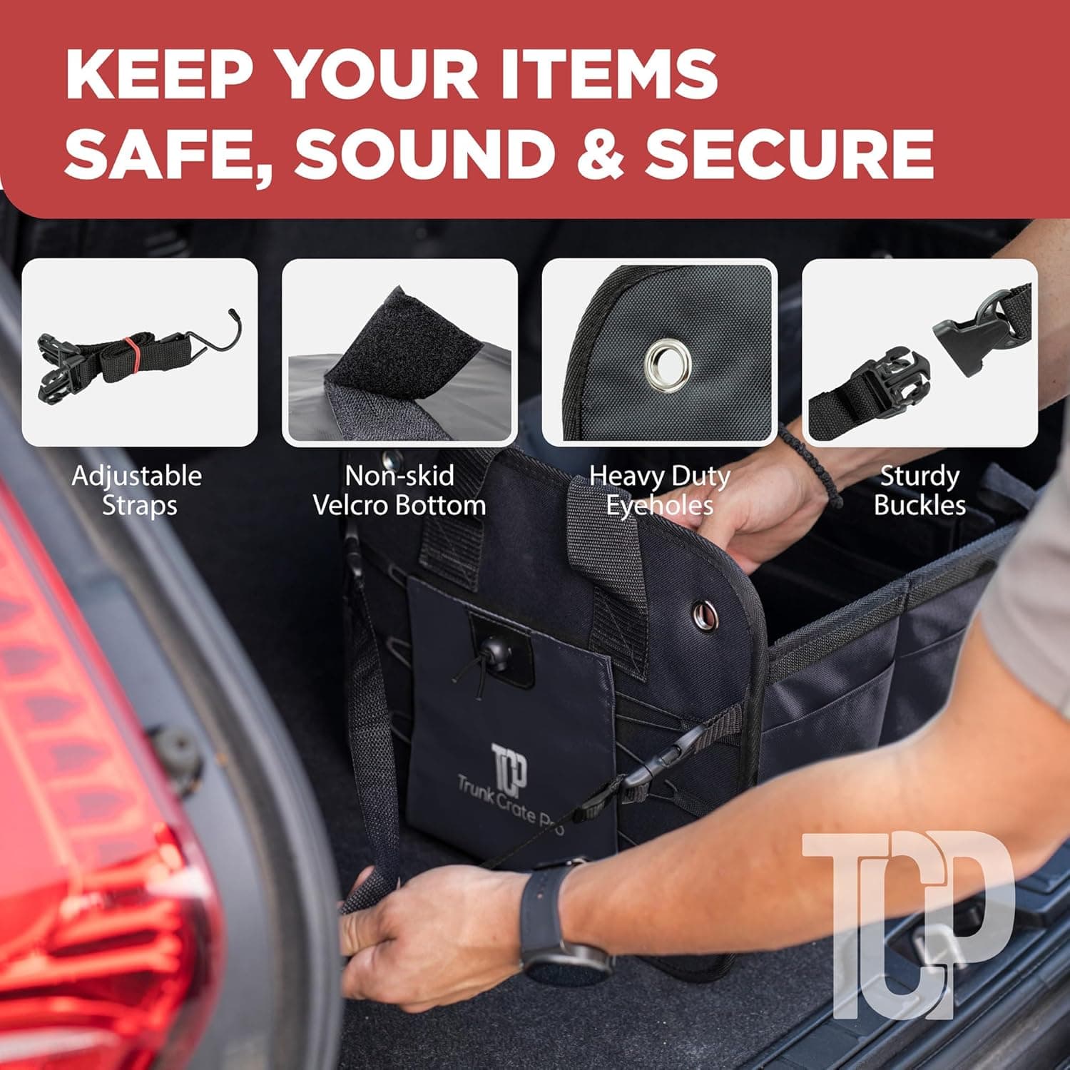 TRUNKCRATEPRO Organizador de Maletero para Auto, SUV, Camión | Organizador de Maletero de Auto Premium Ajustable con Múltiples Compartimentos, P straps de Sujeción y Fondo Antideslizante (Tamaño Grande, Negro) Grande Negro - Image 7