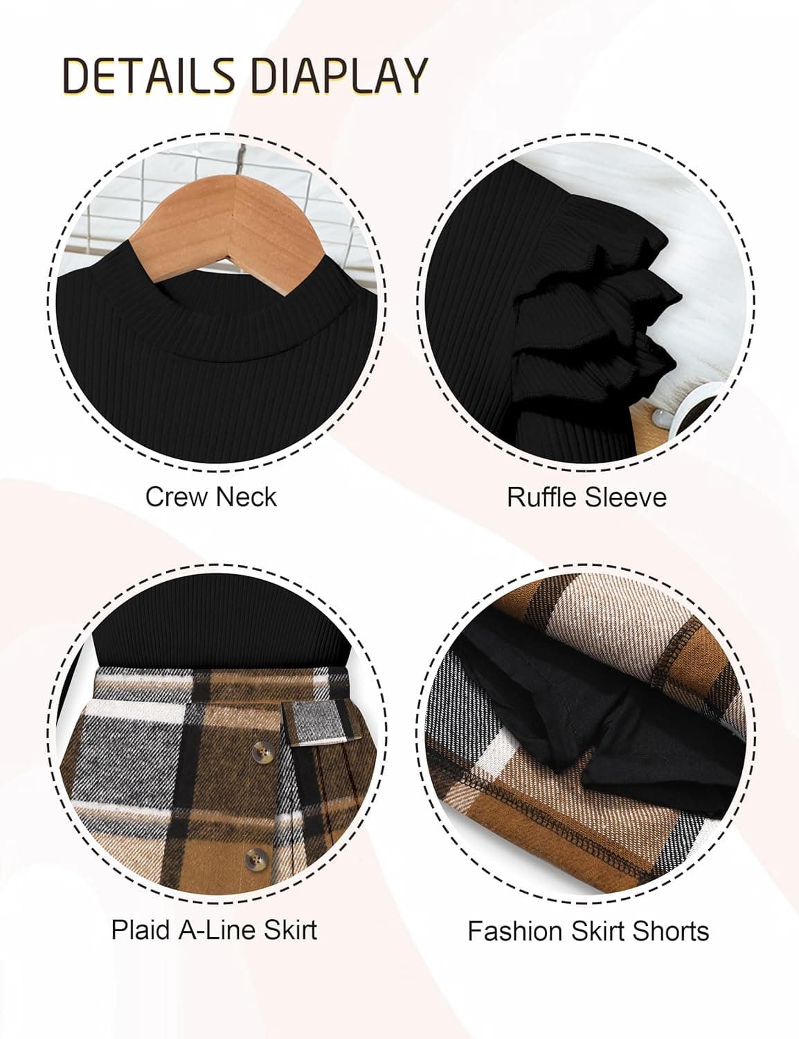 MIGU Girls Clothes Skirt Set Fall Winter Ruffle long Sleeve Tops+Plaid Skirt Shorts+Hat Girls Clothing Sets 3Pcs Outfits Black+brown 9-10 Years - Image 5