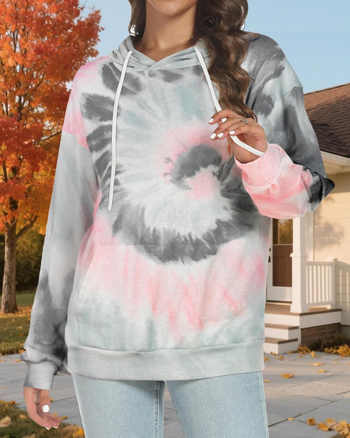 Women's Hoodies Long Sleeve Sweatshirts Drawstring Pullover Tops with Pocket Casual Loose Blouses Tunic X-Large Grey Pink Tie Dye - Image 4