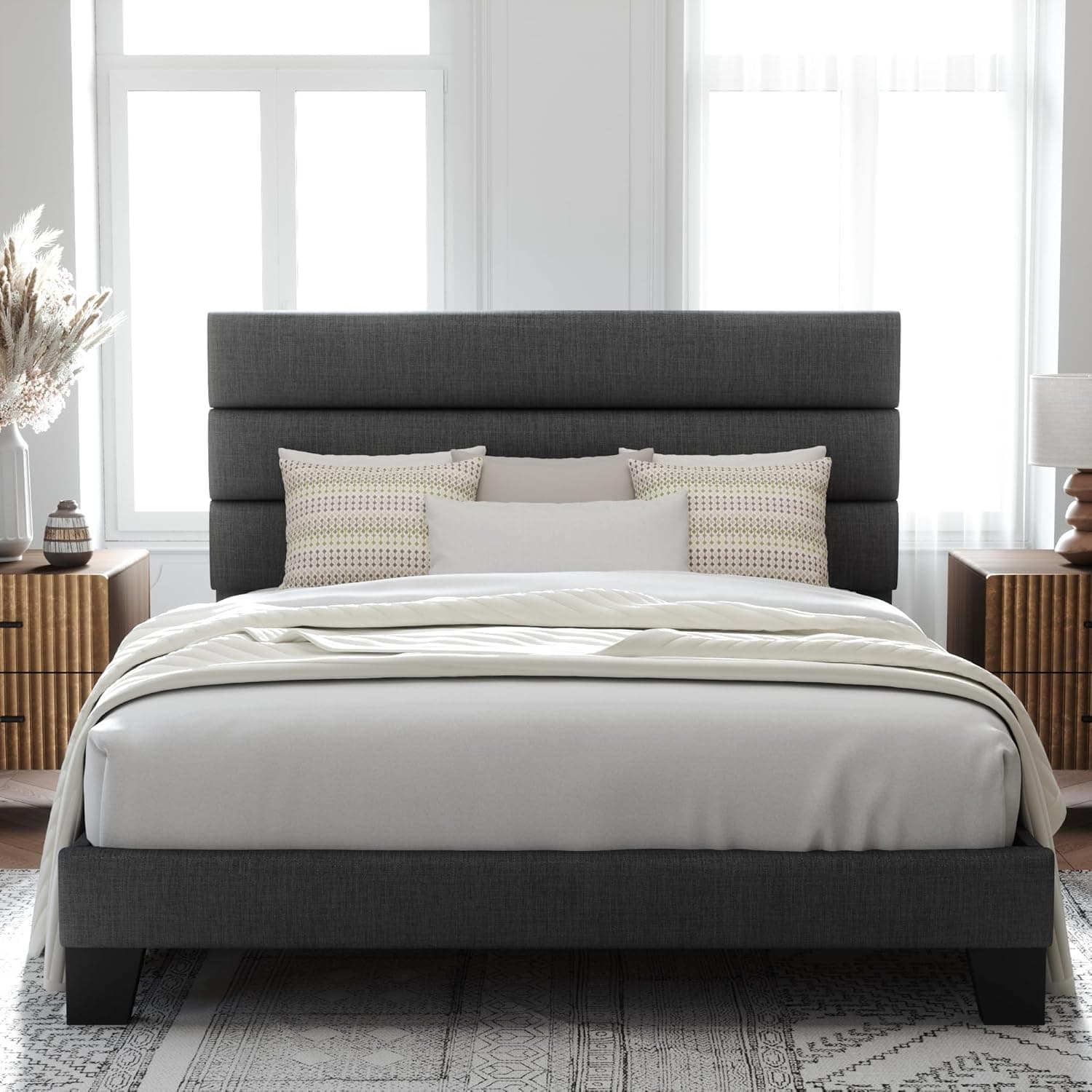 Allewie Queen Size Platform Bed Frame with Fabric Upholstered Headboard and Wooden Slats Support, Fully Upholstered Mattress Foundation/No Box Spring Needed/Easy Assembly, Dark Grey Dark Grey Queen - Image 2