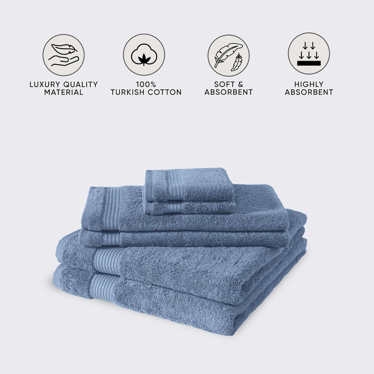 Classic Turkish Towels CTT - Luxury 6 Piece Towel Set, 100% Turkish Cotton, Quick Drying, Highly Absorbent & Comfy, Includes 2 Bath Towels, 2 Hand Towels & 2 Washcloths | (Blue) Blue 6-Piece Towel Set - Image 4