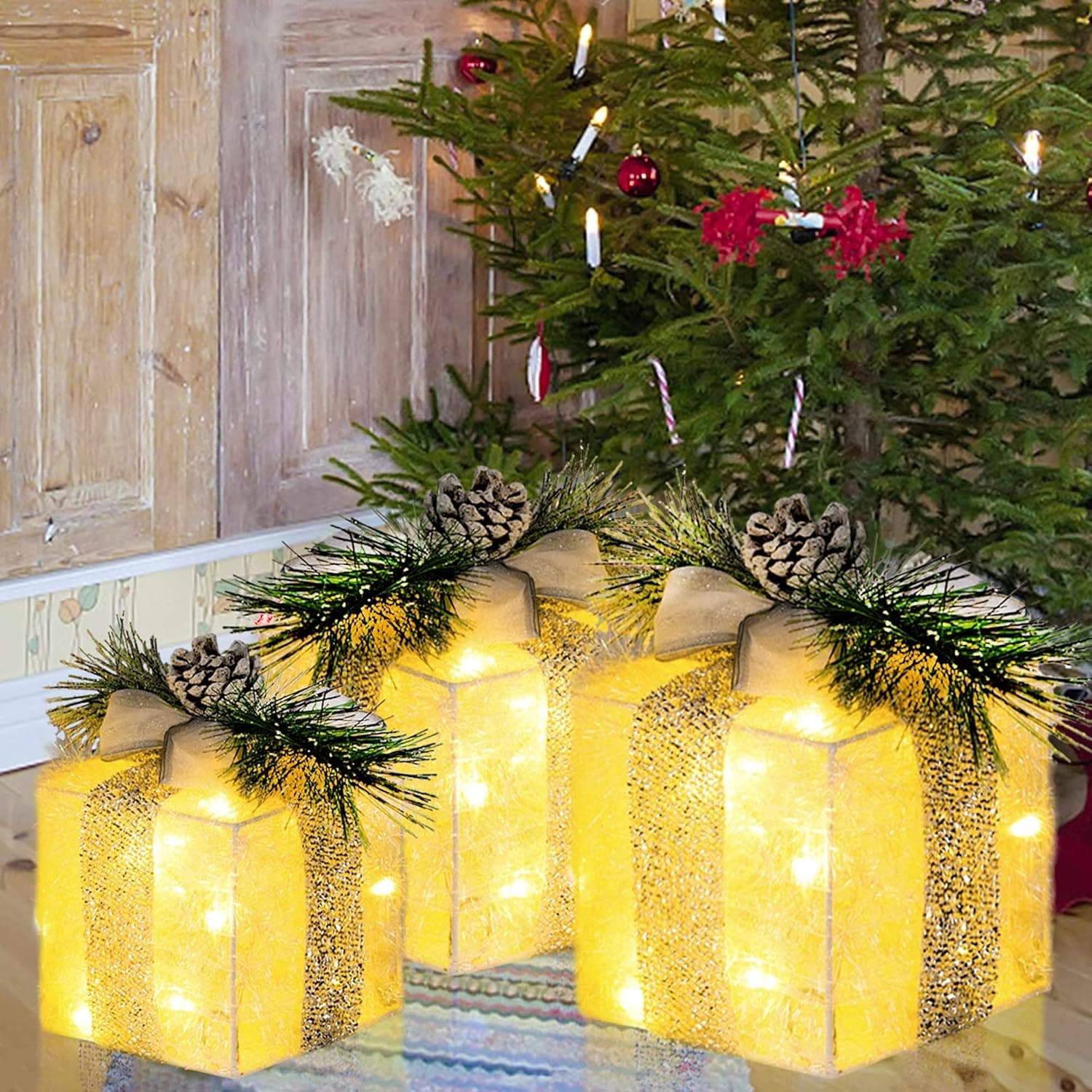 Hourleey Set of 3 Christmas Lighted Gift Boxes, Pre-lit 60 LED Light Up Present Boxes Ornament Outdoor Warm White Tinsel Boxes Decoration for Indoor Christmas Home Yard Lawn Decor - Image 7