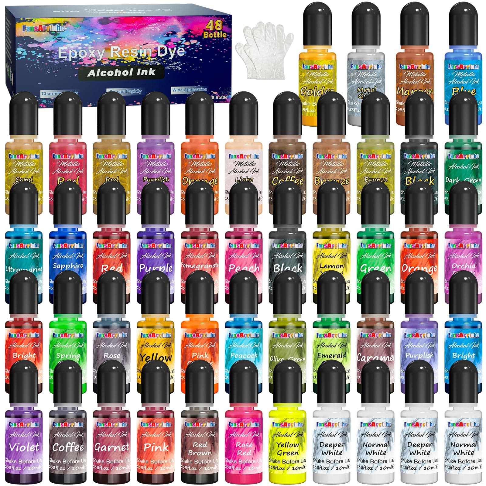 FansArriche Alcohol Inks for Resin, 48 Colors High Concentrated Alcohol Ink Set for Epoxy Resin, Alcohol-Based Resin Ink for Coasters, Fluid Painting Crafts, Tumbler Making, 10 ml Each