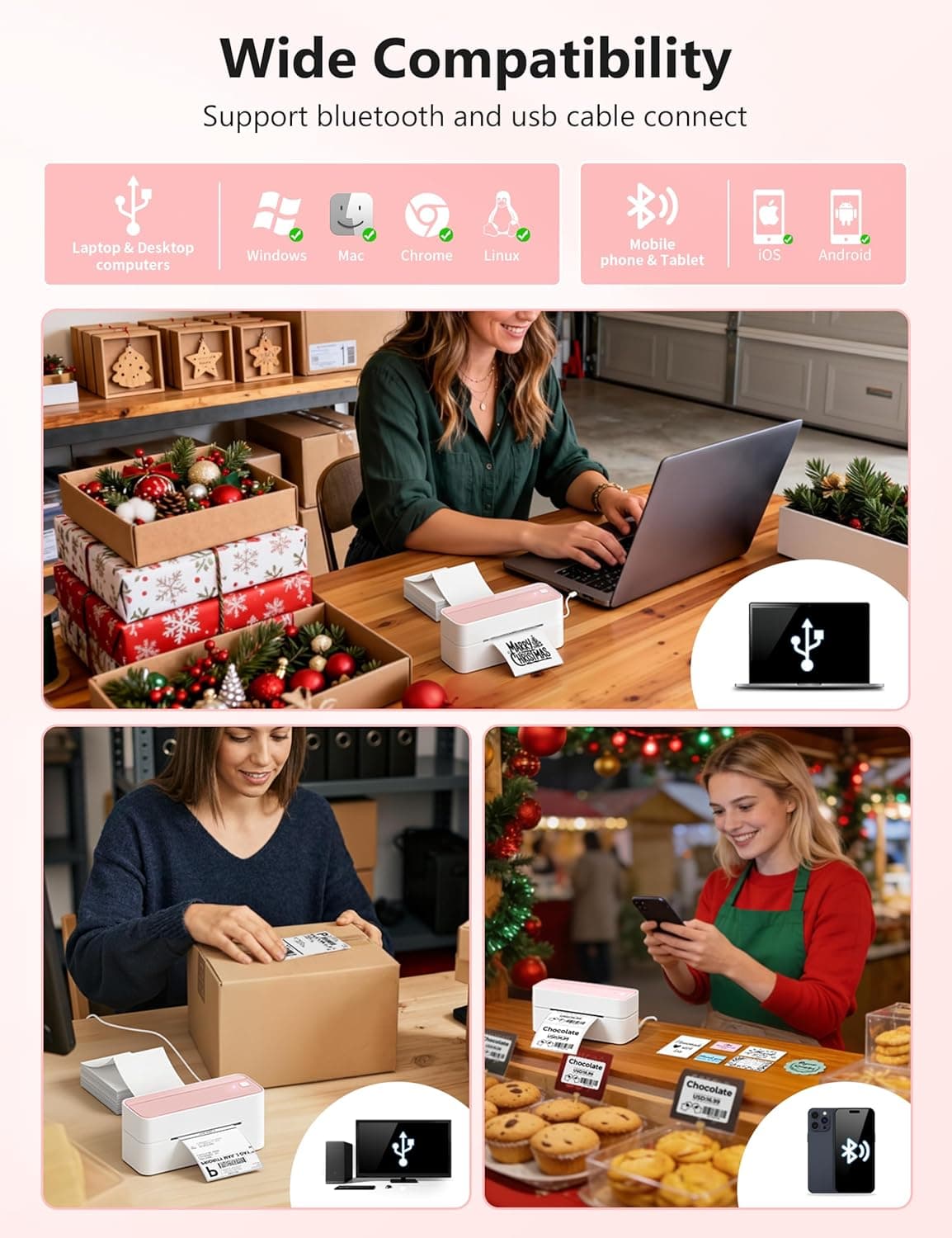 Phomemo Bluetooth Thermal Label Printer, 241BT 4X6 Wireless Shipping Label Printer for Small Business, Pink Labels Printers for Shipping Package, Compatible with iPhone, Android, Shopify, Amazon, USPS - Image 2