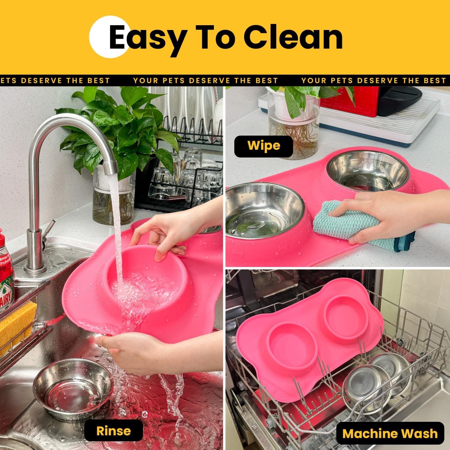 Dog Bowls with Silicone Feeding Mat, No Spill Food Water Dish Set, Dishwasher Safe, 2 Stainless Steel Puppy Bowls, Suitable for Tiny Dogs Kittens Cats Rabbits Pets under 8lbs, Extra Small, Pink Pink Extra Small-5 oz - Image 7