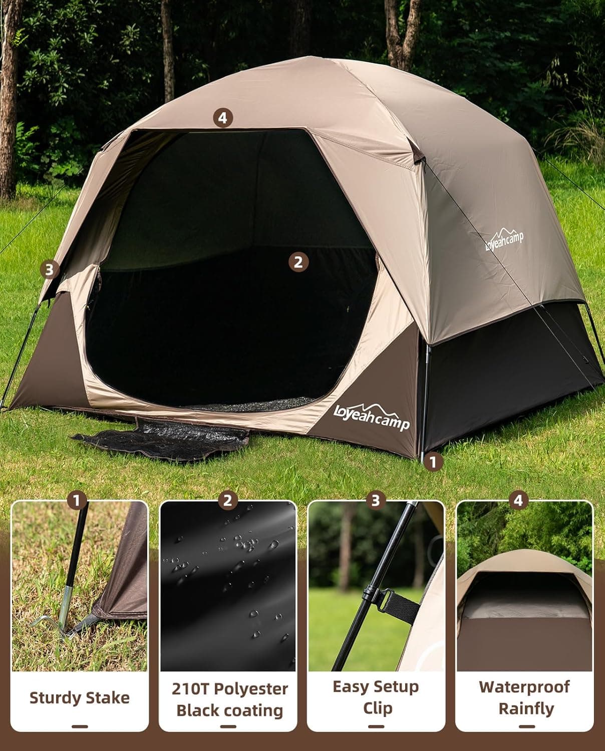 4 Person Blackout Camping Tent, Easy Setup Waterproof Family Dome Tent for Camping with Rainfly, Portable Double Layer Large Family Tent for Outdoor Camping&Hiking Black Out Khaki - Image 5