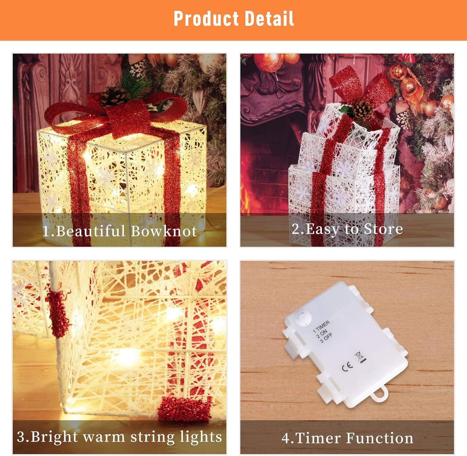 Christmas Decorations, Set of 3 Christmas Lighted Gift Boxes, Battery Operated Xmas Present Boxes, Warm White LED with Bows for Indoor Christmas Tree, Yard, Home Decor 1.red bow - Image 5