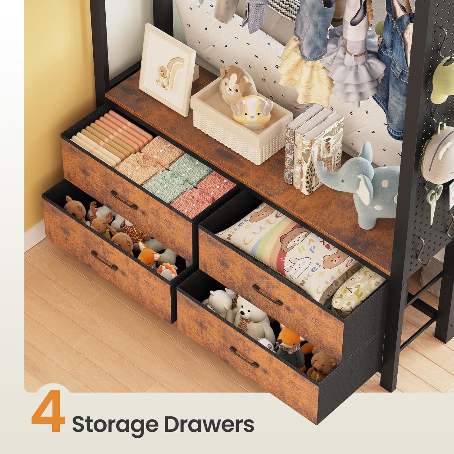 Itaar Metal Bunk Bed Twin Over Twin with Hall Tree, Power Outlet, LED Bunk Bed with 4 Storage Drawers, Bed with Safety Guardrail & Ladders, No Box Spring Needed, Easy Assembly, Rustic Brown Twin Rustic Brown - Image 5