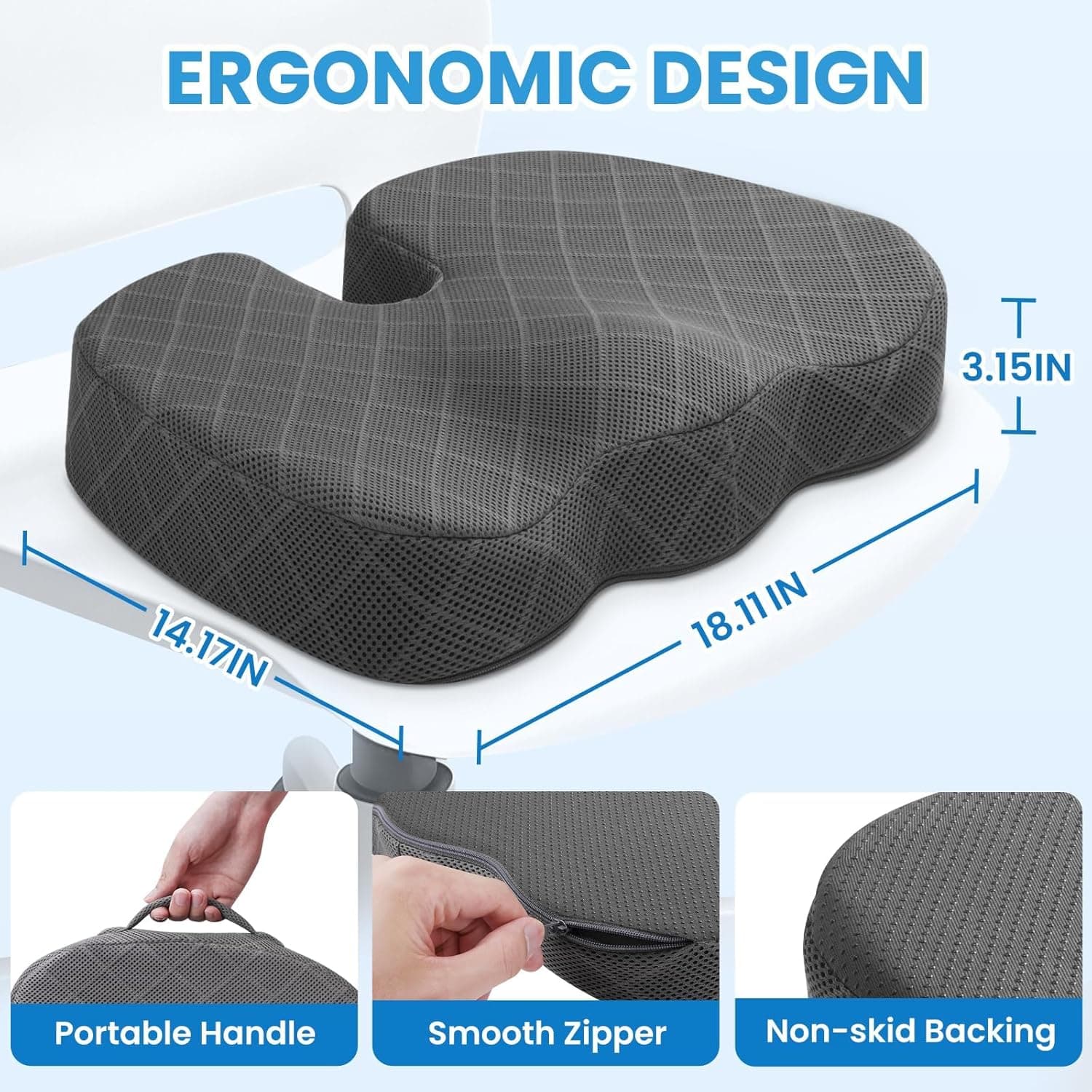 TushGuard Seat Cushion - Memory Foam Cushion for Office Chair, Car Seat, Airplane, Bleacher - Sciatica & Hip & Coccyx Pain Relief Desk Chair Cushion for Long Sitting Office Workers, Car Drivers Large Grey - Image 2