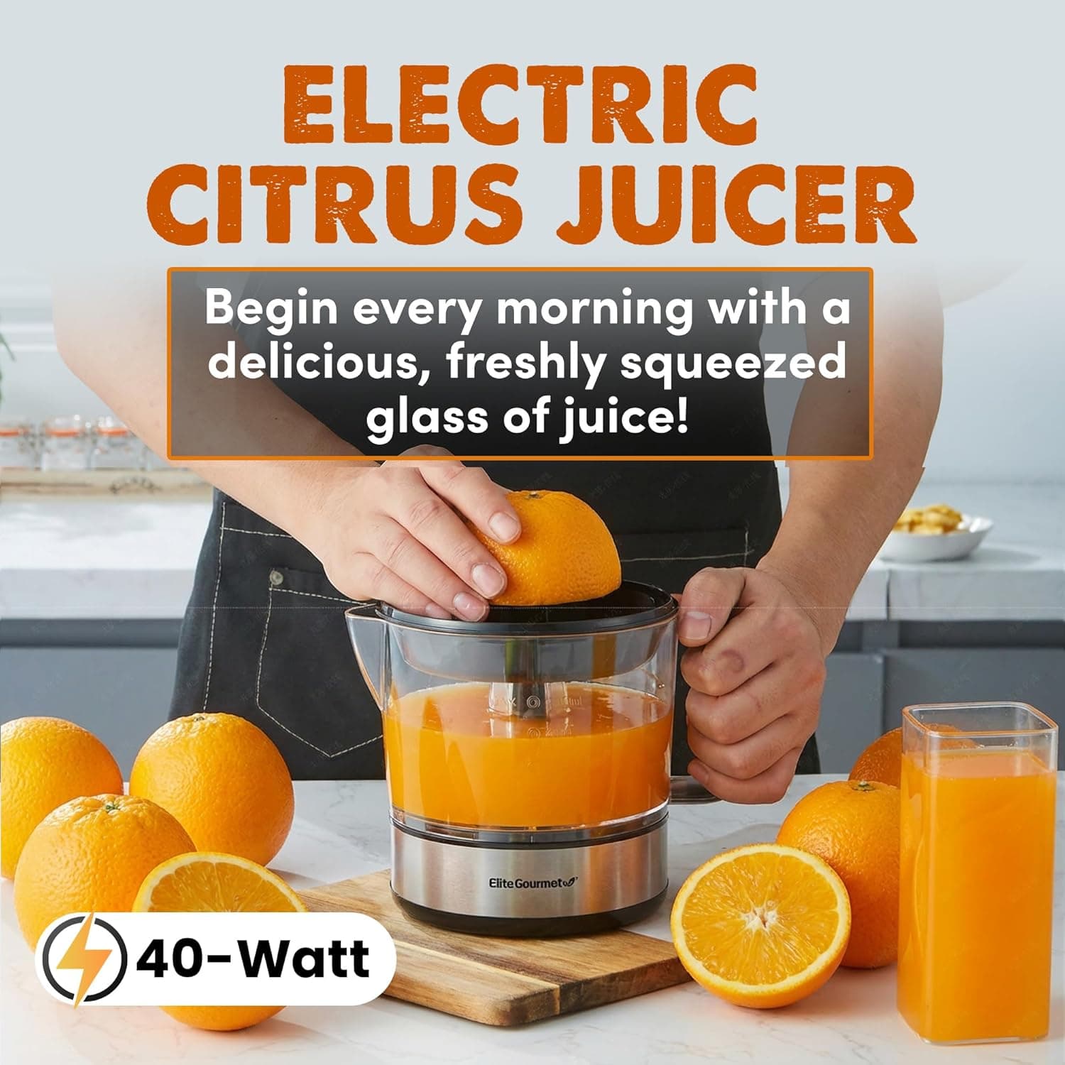 Elite Gourmet ETS623 BPA-Free 40-Watt Electric Citrus Juicer, Compact, Large Volume, Pulp Control, Oranges, Lemons, Limes, Grapefruits with Easy Pour Spout, 24oz, Black/Stainless Steel - Image 3