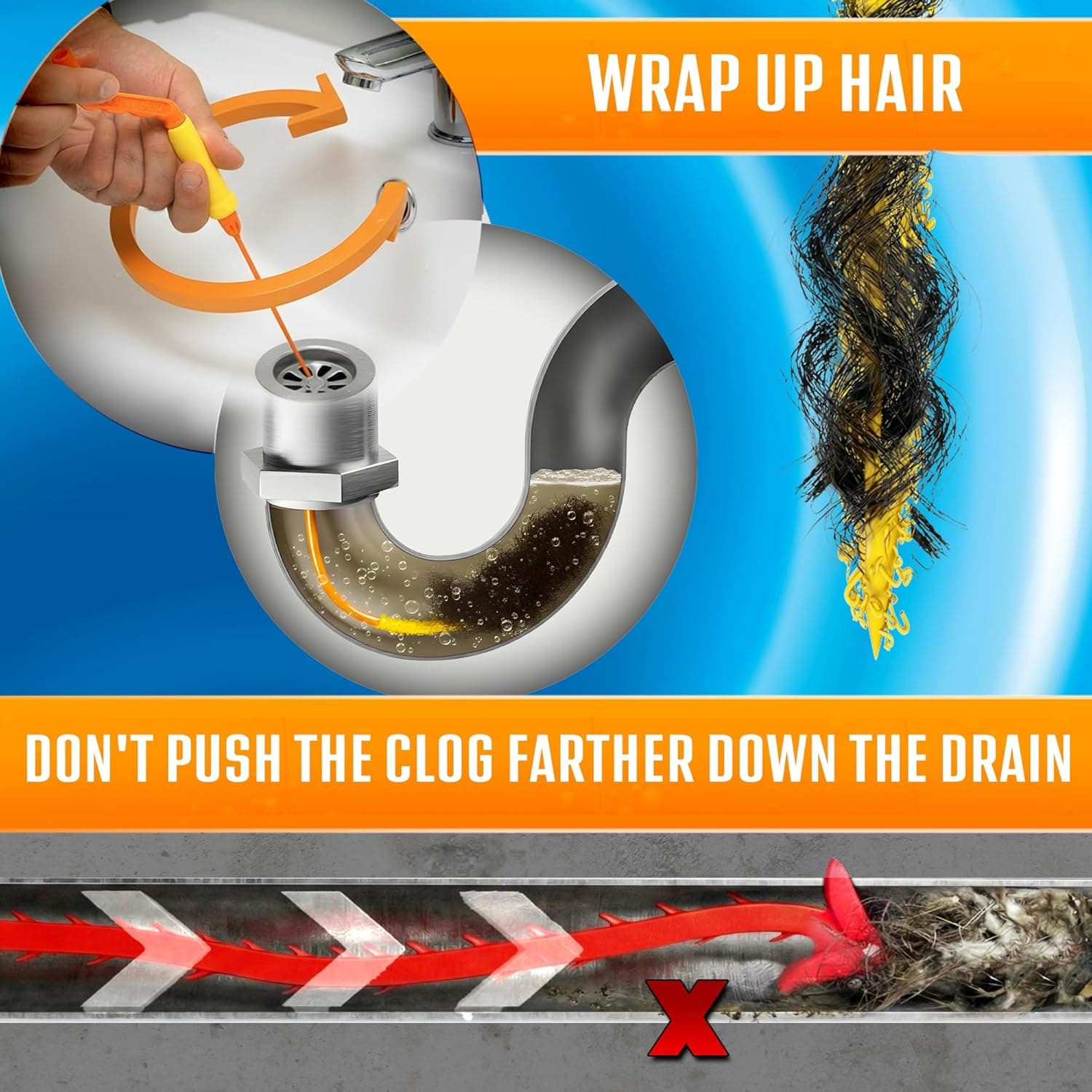 FlexiSnake Drain Weasel Sink Snake Hair Clog Remover Tool, Pipe, Bathroom, Bathtub Cleaner, 18-inch, Made in the USA, 5 Wands and Removable Handle 5 Pack - Image 6